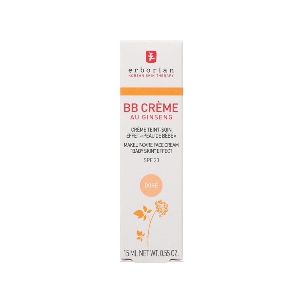 Erborian BB Crème au Ginseng, boîte. Texte: BB CRÈME AU GINSENG, SPF 20, DORE. 15 ml.