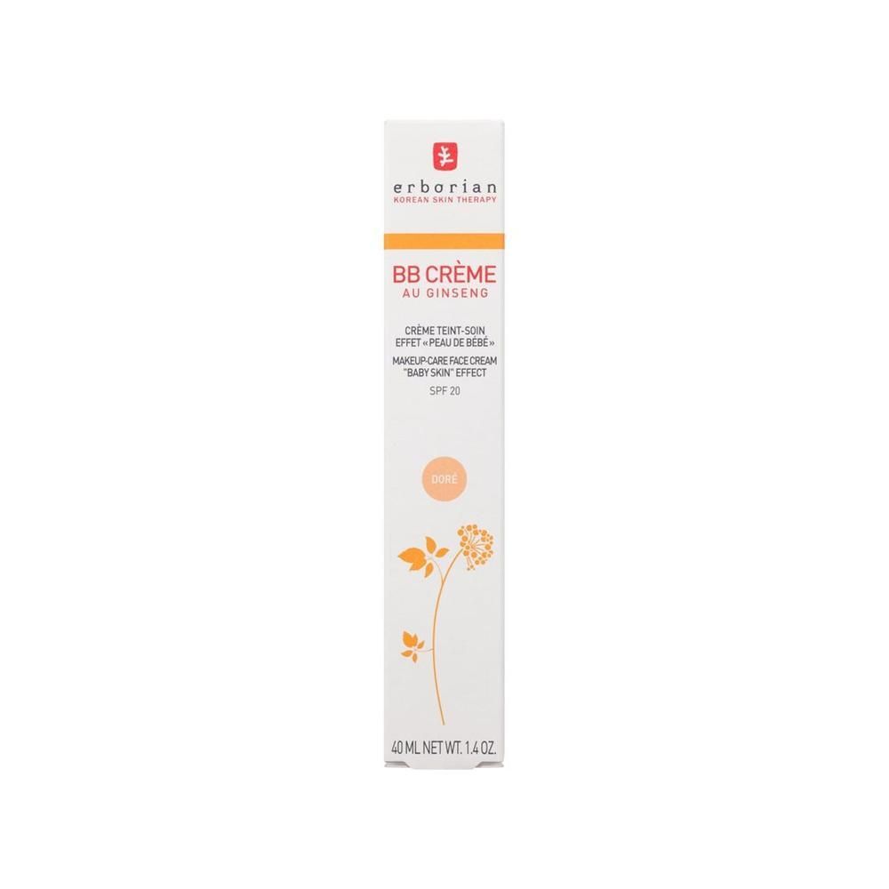Erborian BB Crème au Ginseng. Tube blanc, texte orange. Contient 40 ml. Teinte Doré. Protection solaire SPF 20.