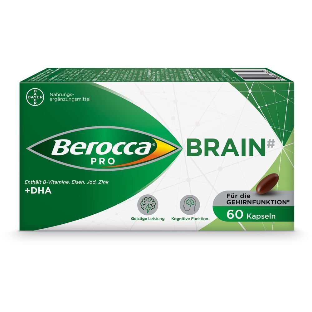 Berocca Pro Brain mit DHA-Packung. Enthält B-Vitamine, Eisen, Jod, Zink. 60 Kapseln.