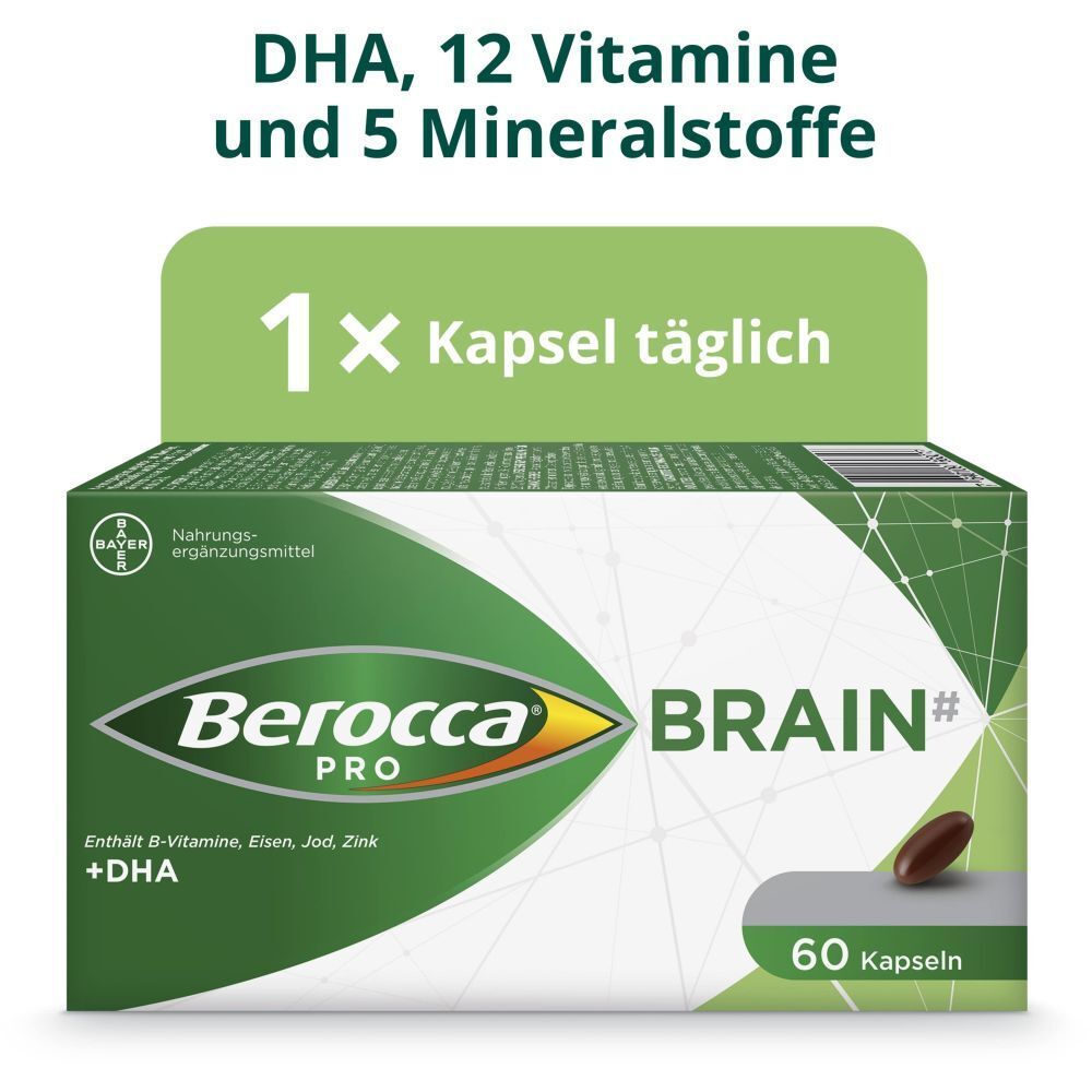 Berocca Pro Brain-Packung mit DHA. 12 Vitamine, 5 Mineralstoffe. 60 Kapseln. Täglich 1 Kapsel.
