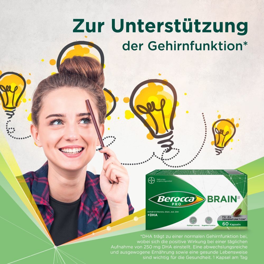 Frau mit Stift und Denkblasen. Berocca Pro Brain-Packung. 60 Kapseln. Zur Unterstützung der Gehirnfunktion.