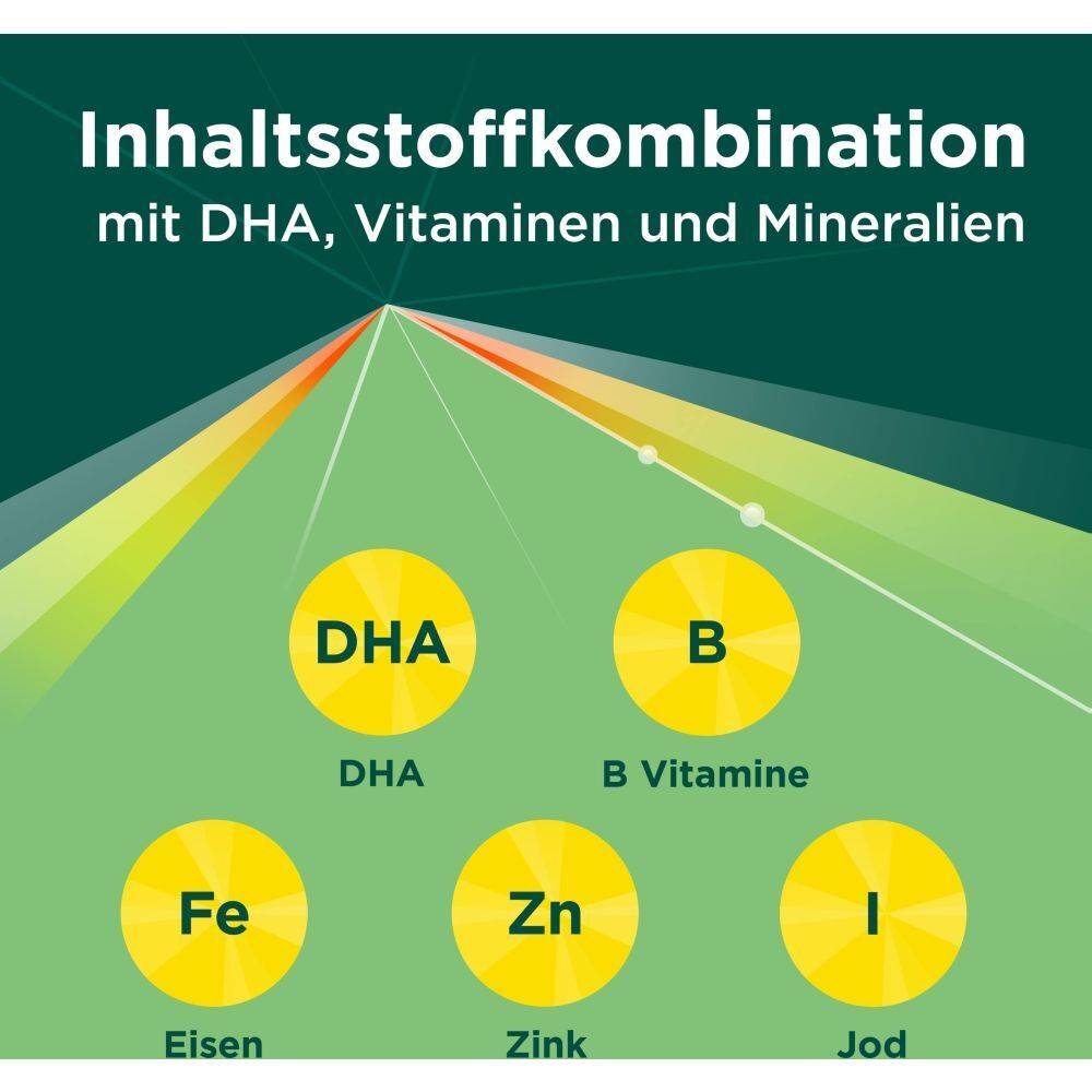 Grafik mit Inhaltsstoffen: DHA, B-Vitamine, Eisen, Zink, Jod. Gelbe Kreise mit Namen.