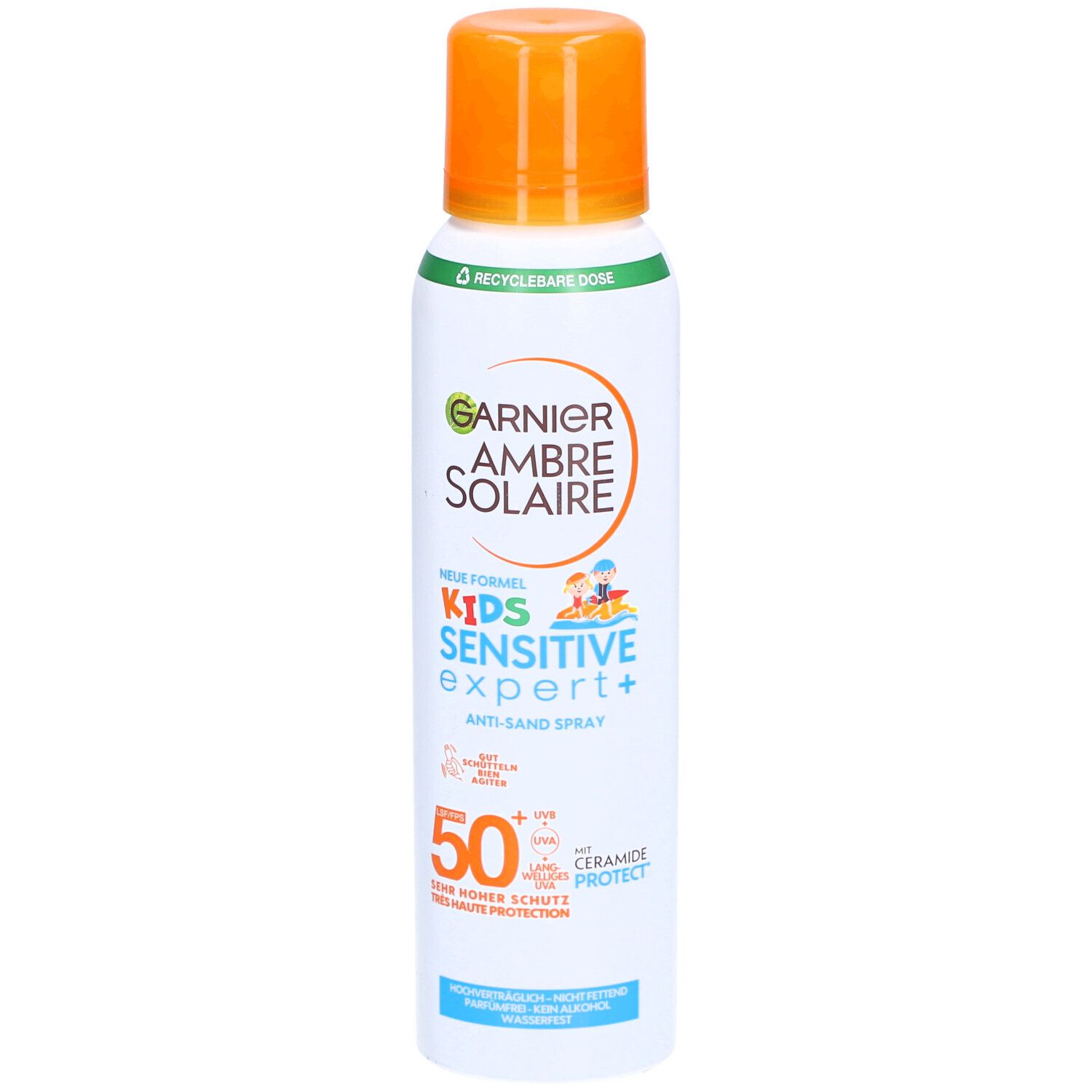 Sonnenspray-Flasche mit orangefarbenem Deckel. Aufschrift: Garnier Ambre Solaire Kids Sensitive Expert+ Anti-Sand Spray SPF50.