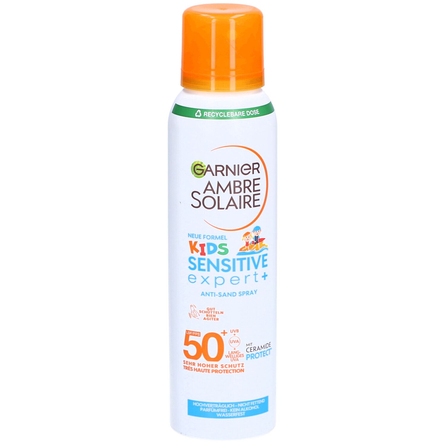 Sonnenspray-Flasche mit orangefarbenem Deckel. Aufschrift: Garnier Ambre Solaire Kids Sensitive Expert+ Anti-Sand Spray SPF50.