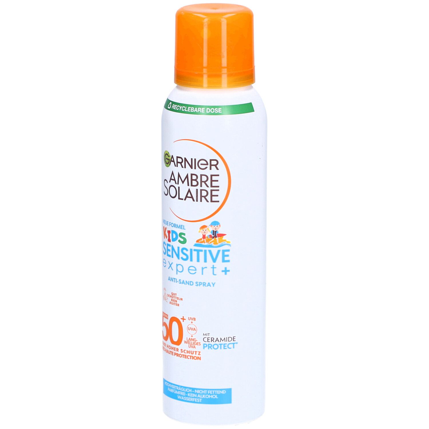 Sonnenspray-Flasche mit orangefarbenem Deckel. Aufschrift: Garnier Ambre Solaire Kids Sensitive Expert+ Anti-Sand Spray SPF50.