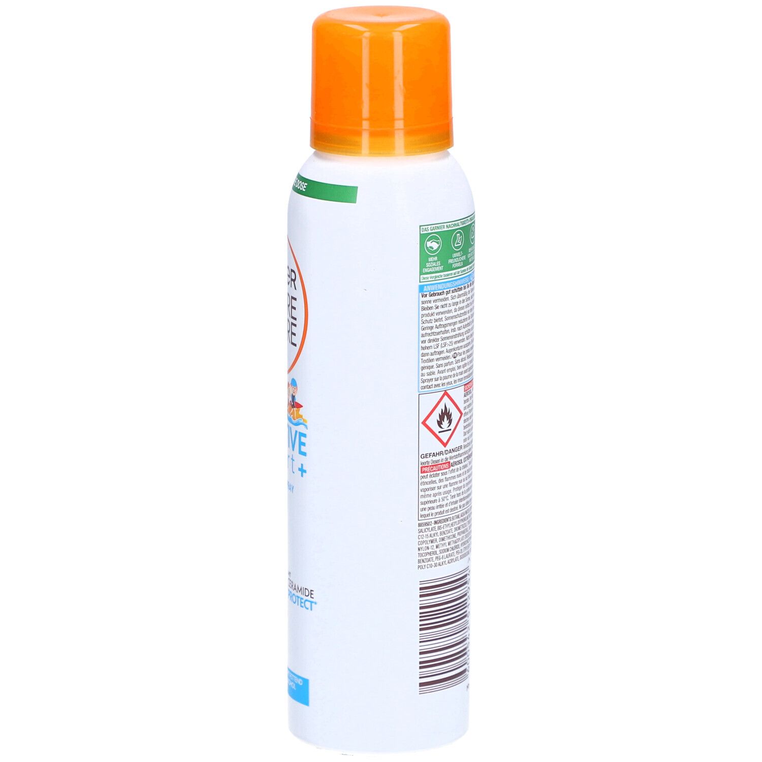 Sonnenspray-Flasche, Seitenansicht. Aufschrift: Garnier Ambre Solaire Kids Sensitive Expert+ Anti-Sand Spray SPF50. Mit Text und Logos.