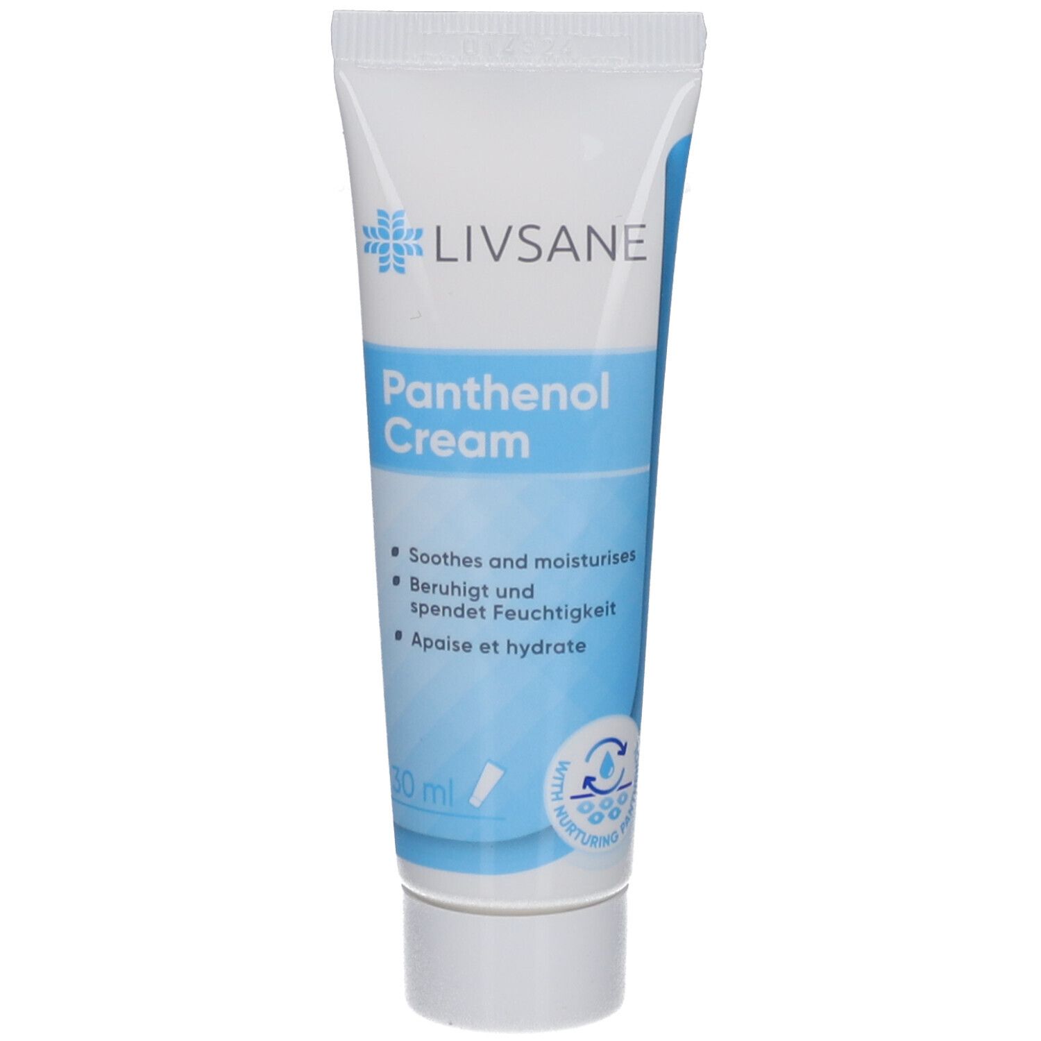 Tube de crème LIVSANE Panthenol Cream. Inscriptions en allemand, anglais, français et néerlandais. Logo LIVSANE en haut.