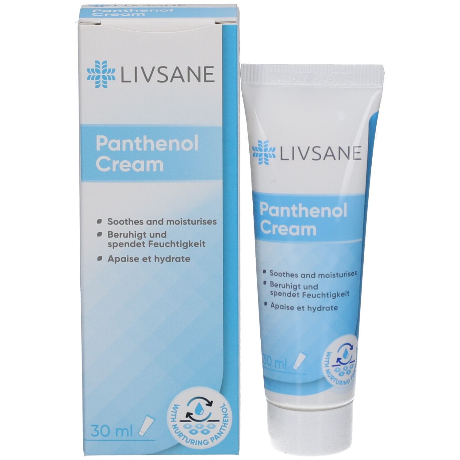 Emballage du produit avec tube et boîte. Logo LIVSANE et Panthenol Cream. 30 ml, blanc et bleu.
