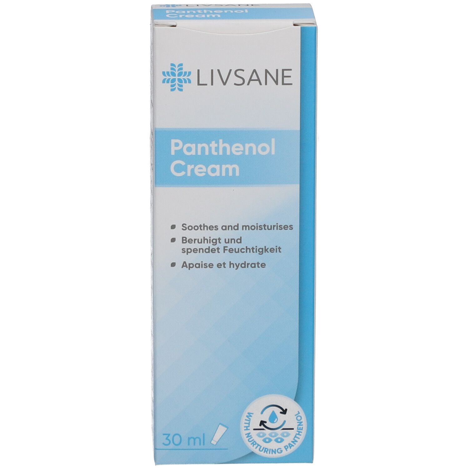 Boîte avec logo LIVSANE et Panthenol Cream. Texte en allemand, anglais, français et néerlandais. 30 ml.