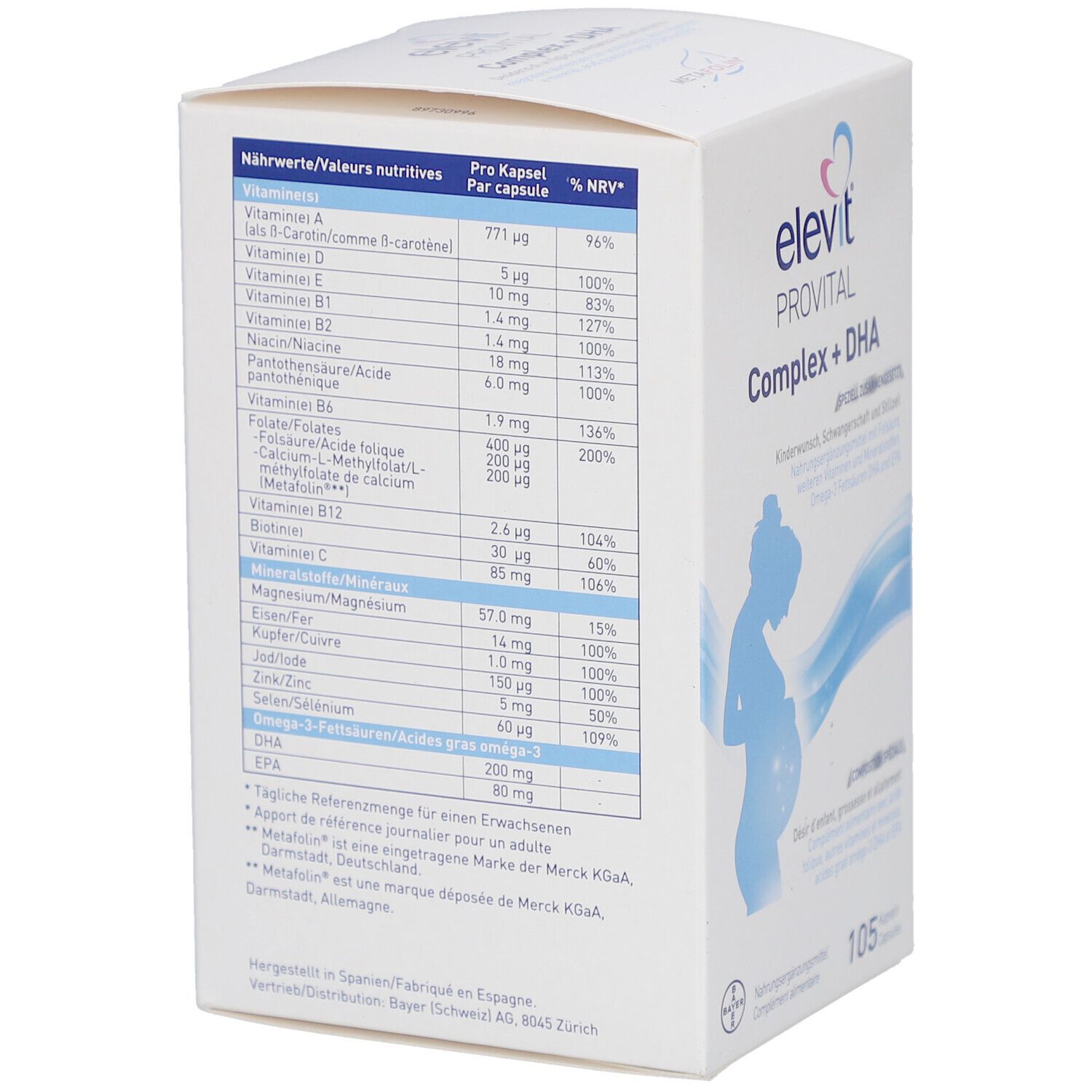 Weißer Karton, Detailansicht. Enthält Nährwerttabelle mit Vitaminen und Mineralstoffen. Logo: elevit PROVITAL Complex + DHA. 105 Kapseln.