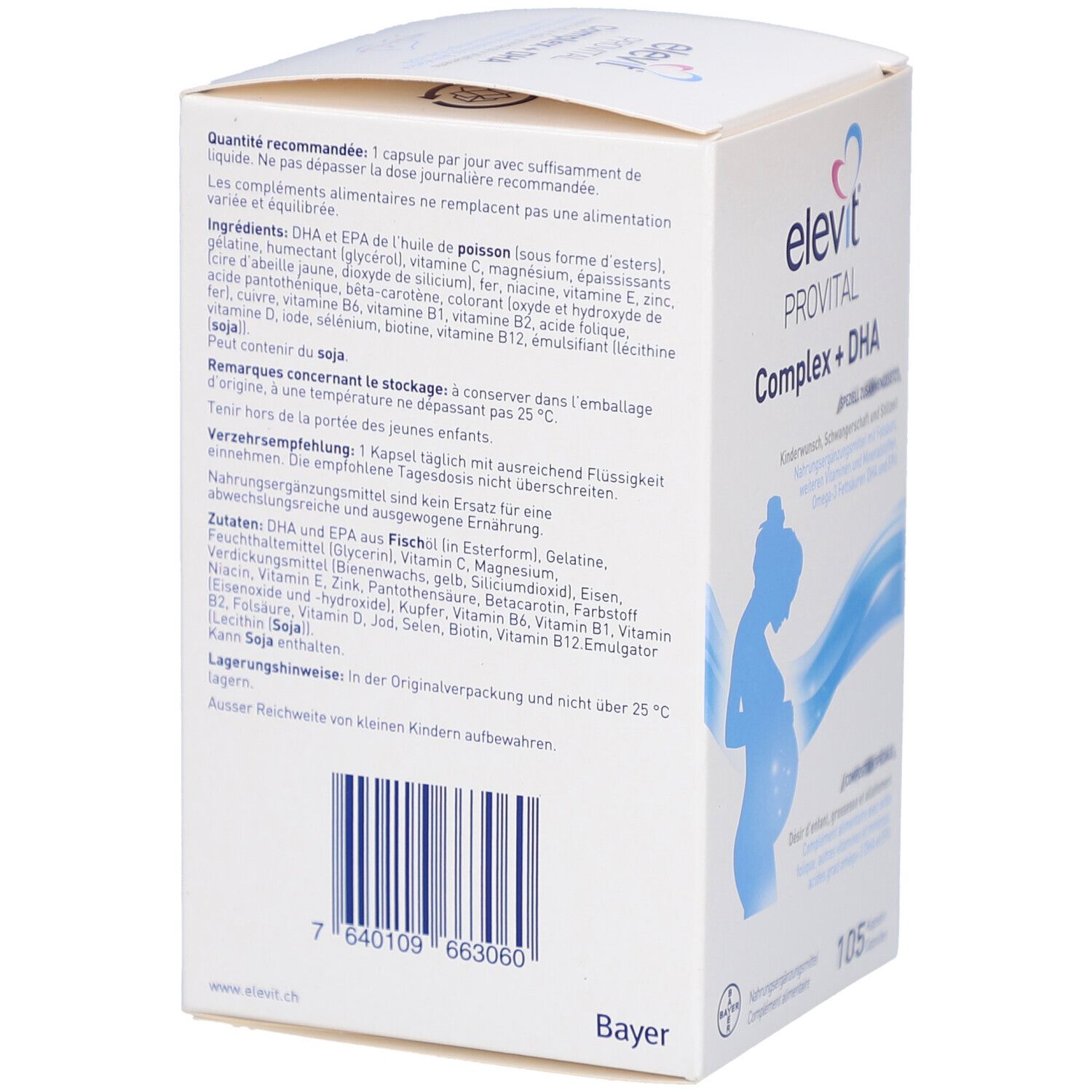Weißer Karton mit Produktinformationen. Enthält Elevit Provital Complex + DHA. Auflistung der Inhaltsstoffe und Lagerhinweise.