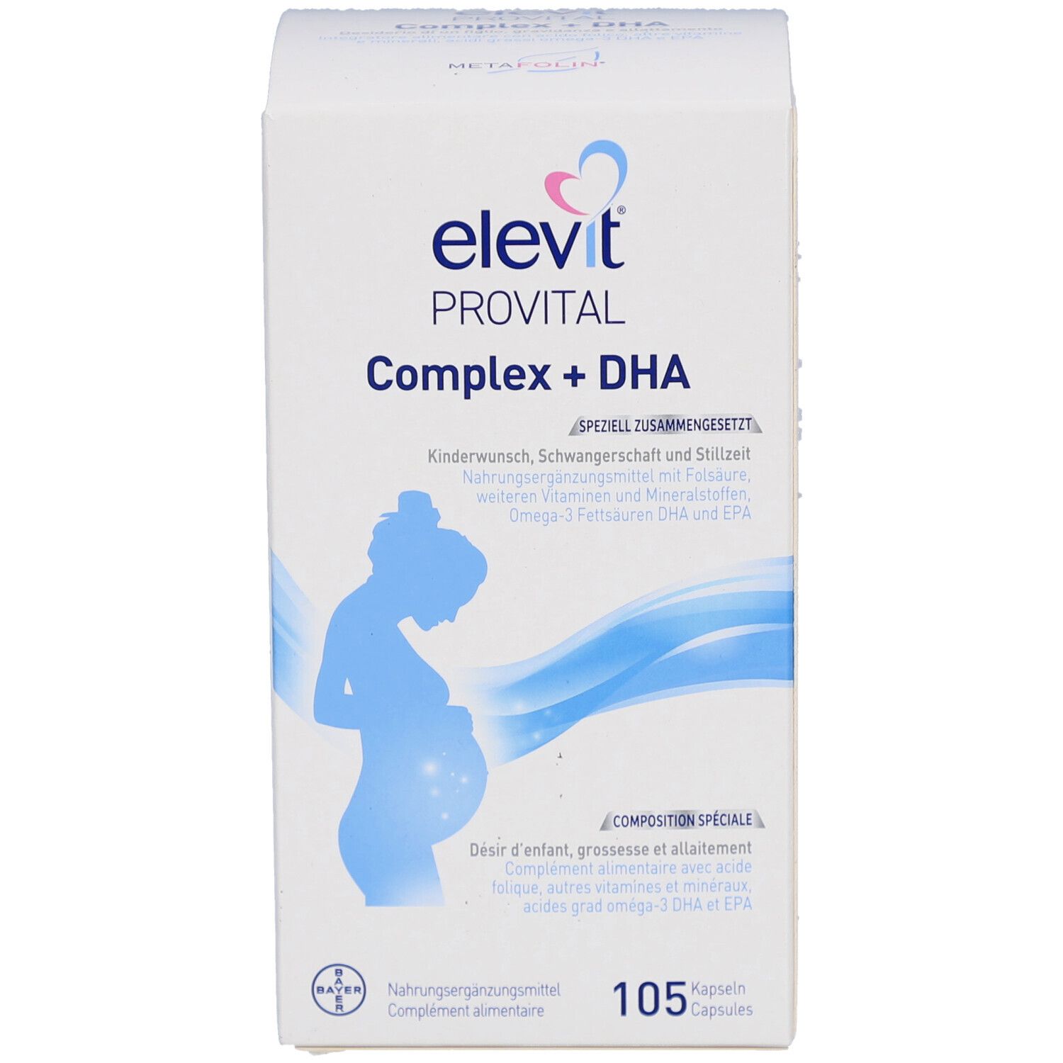 Weißer Karton mit Produktaufdruck. Logo: elevit PROVITAL Complex + DHA. Abbildung einer schwangeren Frau. Enthält 105 Kapseln.