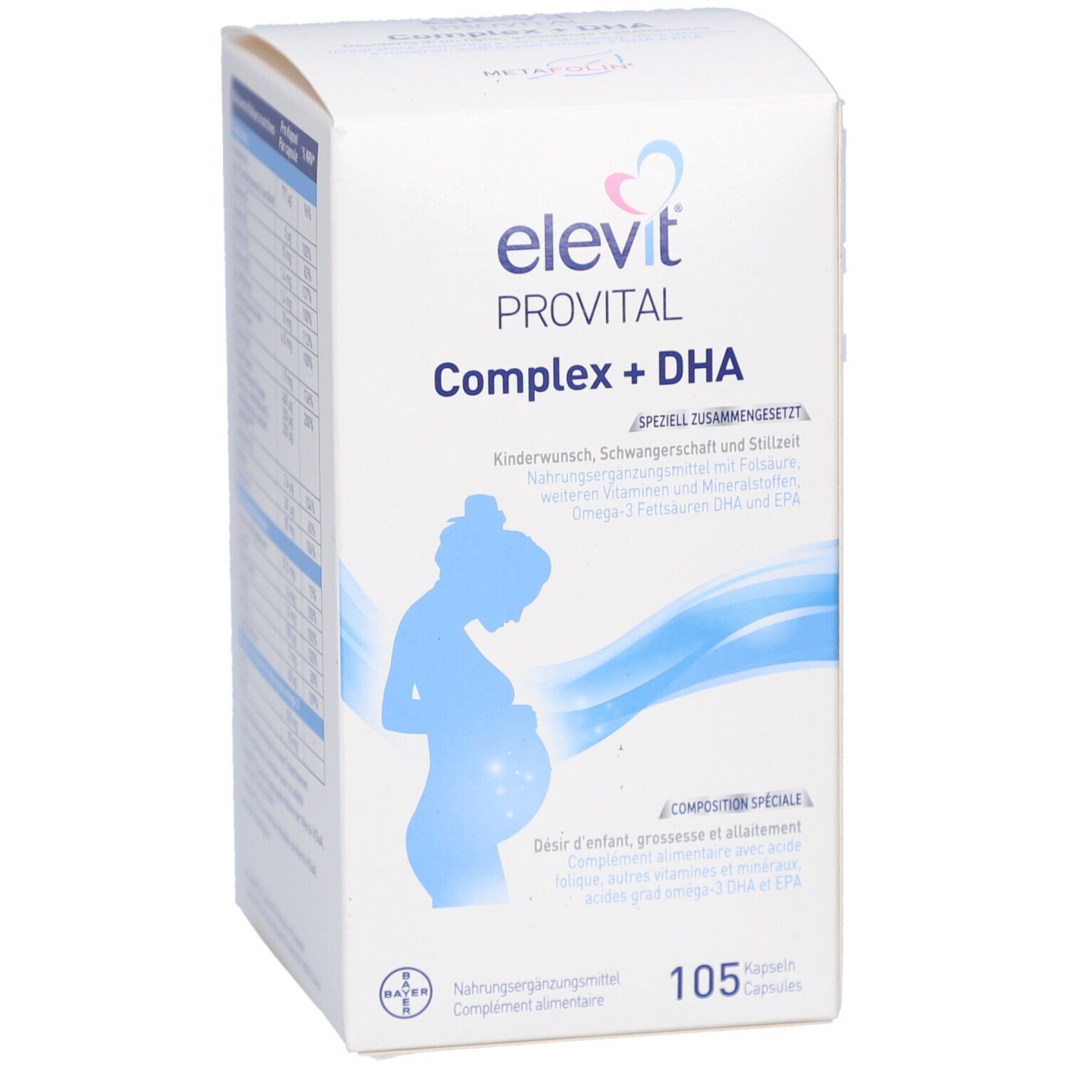 Weißer Karton mit Produktaufdruck. Logo: elevit PROVITAL Complex + DHA. Abbildung einer schwangeren Frau. Enthält 105 Kapseln.