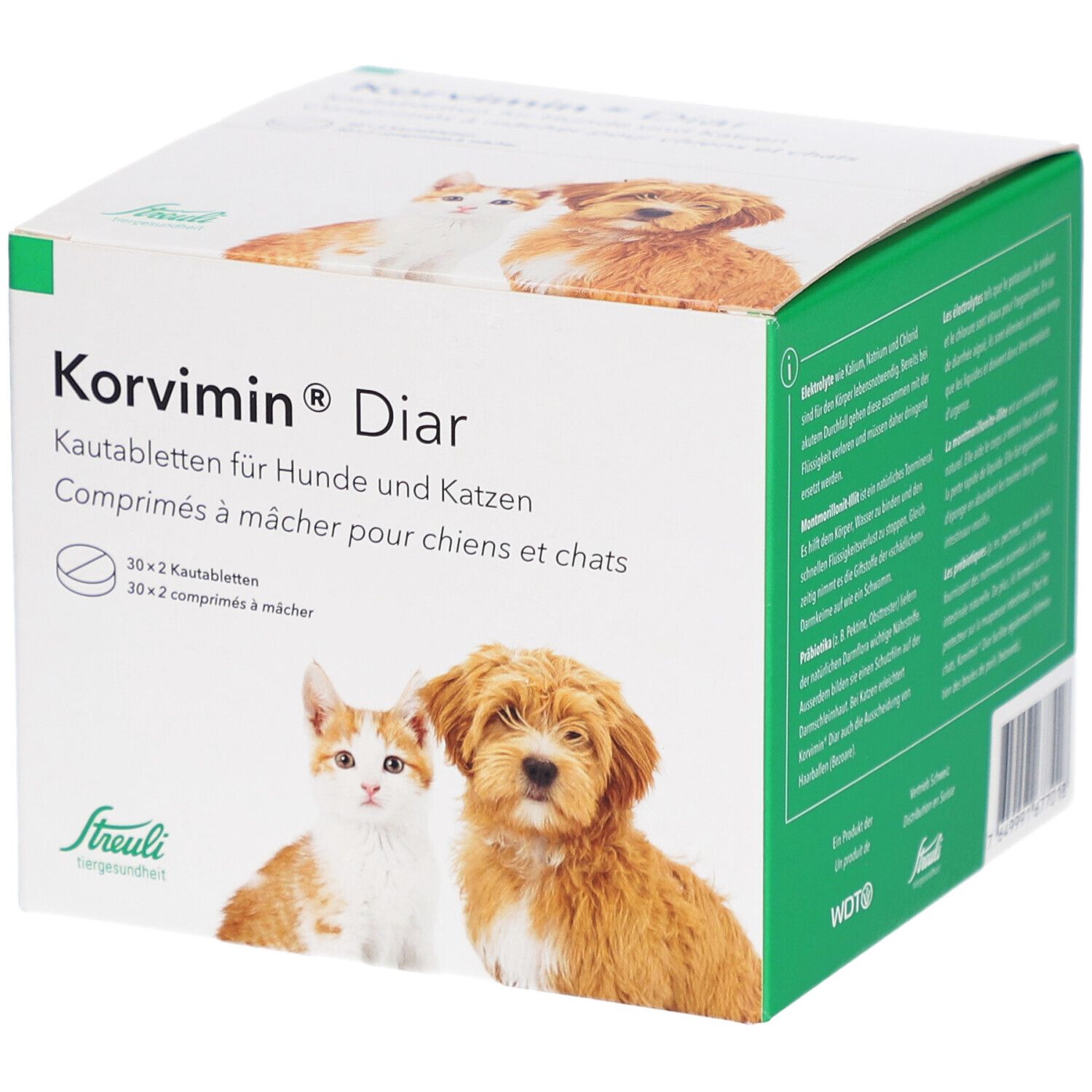 Karton mit KORVIMIN Diar Kautabletten. Aufdruck mit Produktname, Abbildung von Hund und Katze. Streuli-Logo.