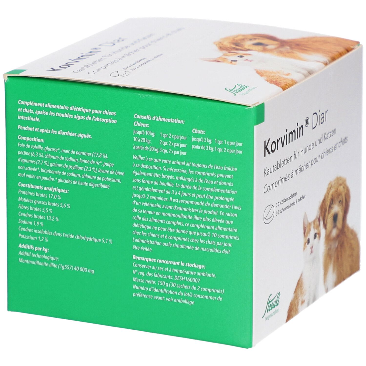 Grüne Seite der KORVIMIN Diar-Verpackung. Text über Inhaltsstoffe und Fütterungsempfehlungen für Hunde und Katzen.