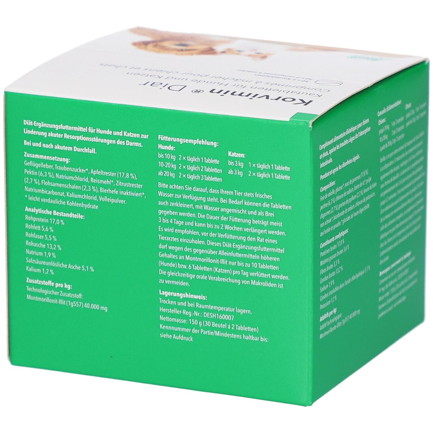 Grüne Seite der KORVIMIN Diar-Verpackung. Text über Inhaltsstoffe und Fütterungsempfehlungen für Hunde und Katzen.