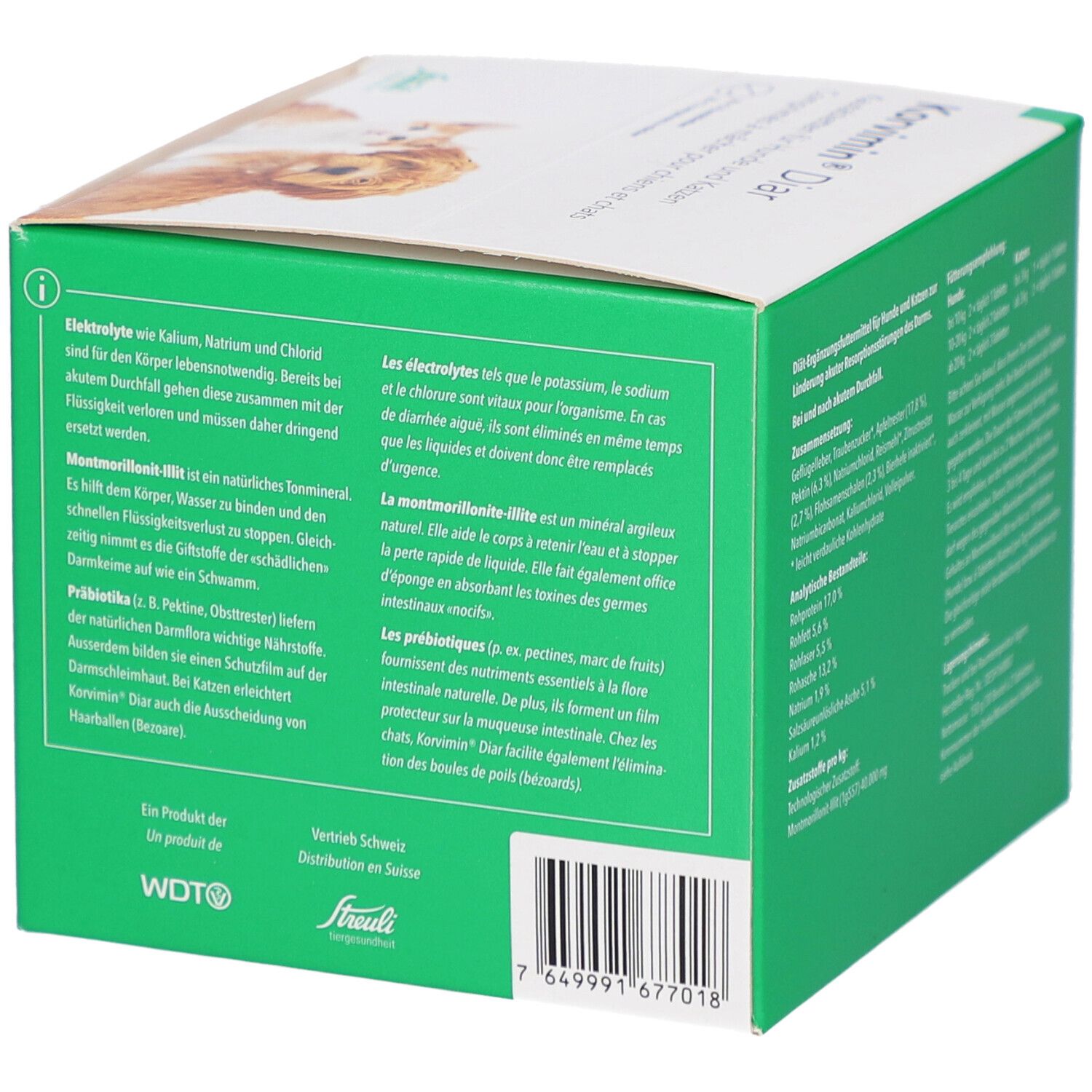 Rückseite der KORVIMIN Diar-Verpackung. Informationen zu Elektrolyten, Inhaltsstoffen und Hersteller.