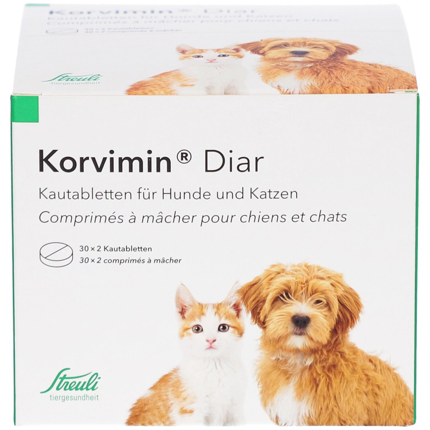 Karton mit KORVIMIN Diar Kautabletten. Produktname, Abbildung von Hund und Katze. Streuli-Logo.
