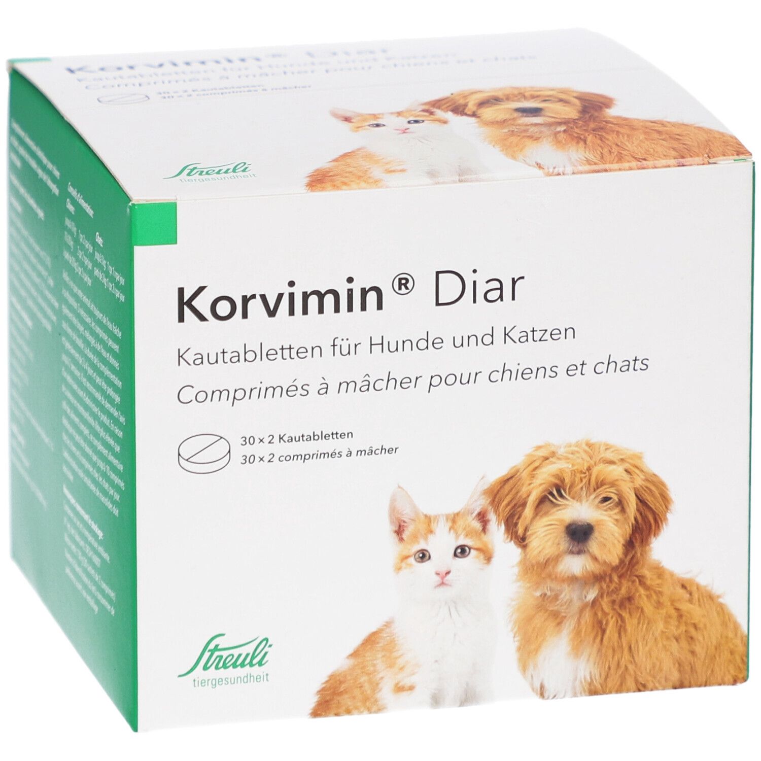 Karton mit KORVIMIN Diar Kautabletten. Produktname, Abbildung von Hund und Katze. Streuli-Logo.