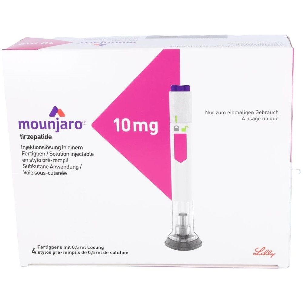 Verpackung von Mounjaro, Fertigpen mit 10 mg Tirzepatid. Enthält 4 Fertigpens. Aufschrift: Subkutane Anwendung. Nur zur einmaligen Anwendung.