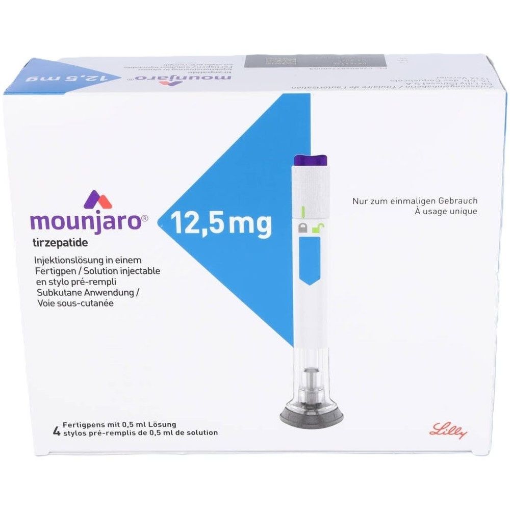 Emballage de Mounjaro 12,5 mg solution injectable. Contient 4 stylos pré-remplis. Inscription : À usage unique.