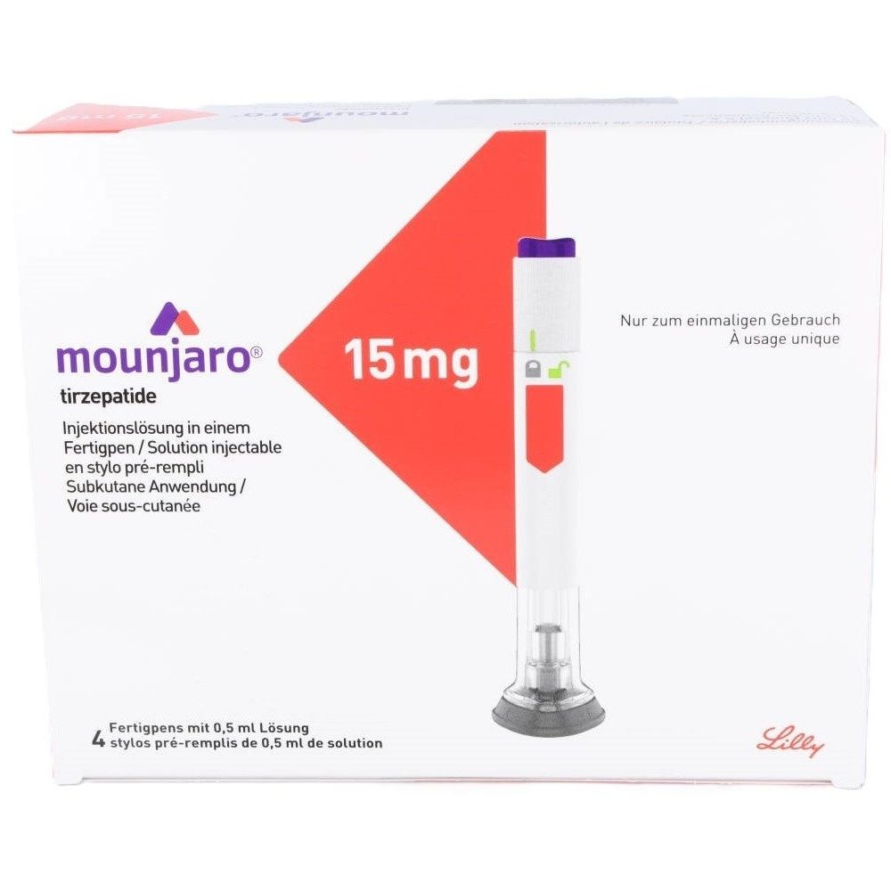 Weiße Verpackung mit rotem Dreieck und Injektionsstift. Aufschrift: mounjaro, 15 mg, tirzepatide. Nur zur einmaligen Anwendung.