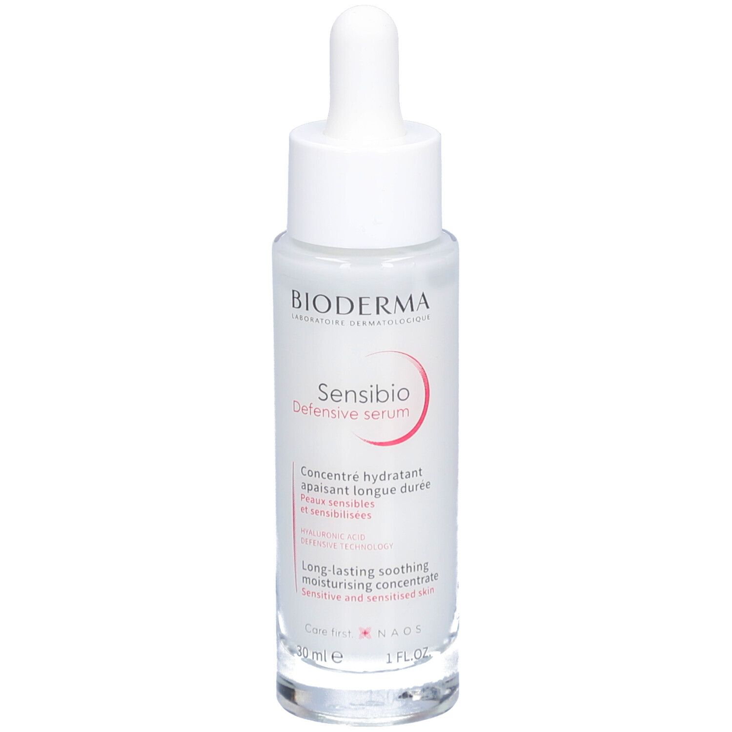 BIODERMA Sensibio Defensive serum. Flacon en verre blanc avec pipette. Inscription rouge Sensibio. Texte en français et anglais.