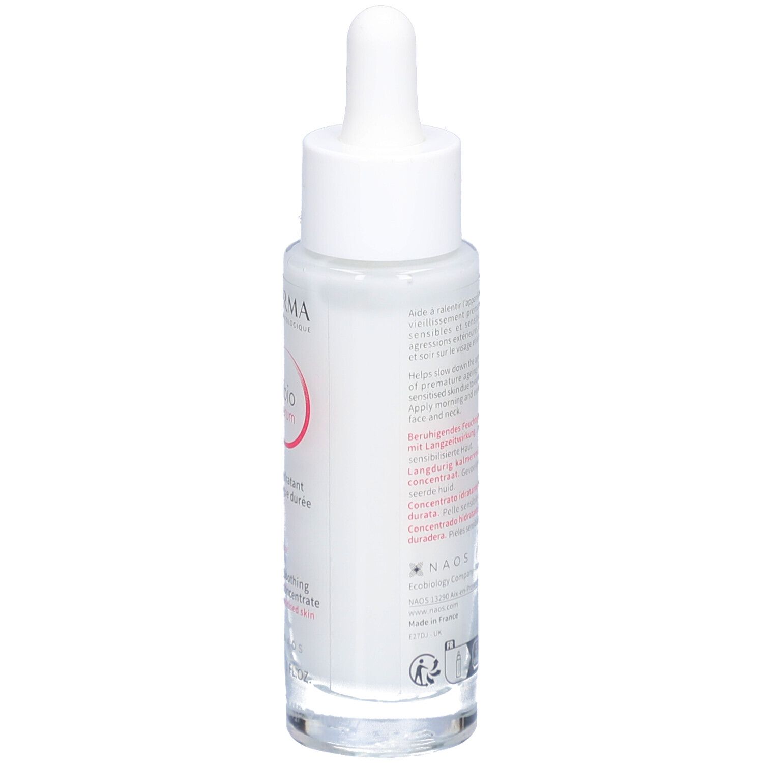 BIODERMA Sensibio Defensive serum. Flacon en verre blanc avec pipette. Texte en français et anglais. Vue arrière.