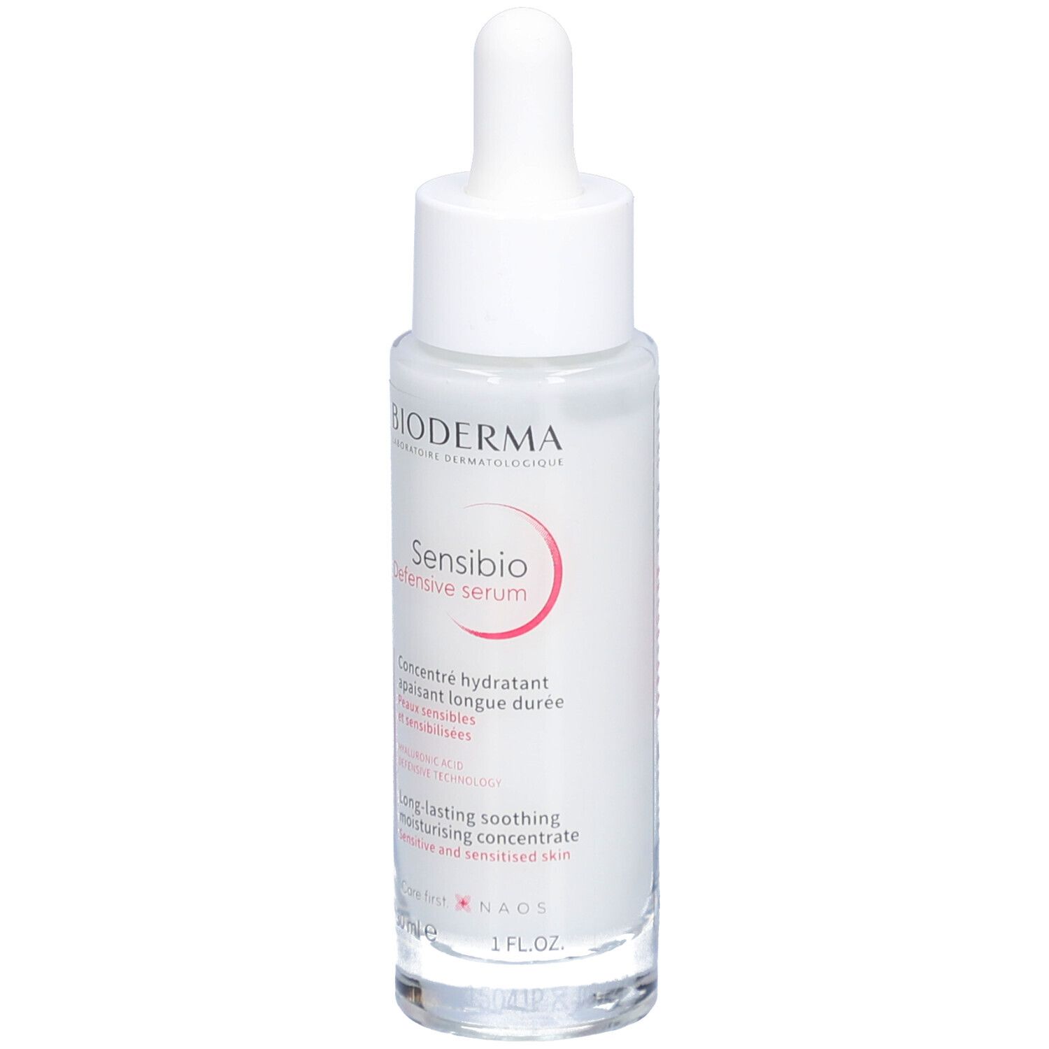 BIODERMA Sensibio Defensive serum. Flacon en verre blanc avec pipette. Inscription rouge Sensibio. Texte en français et anglais.