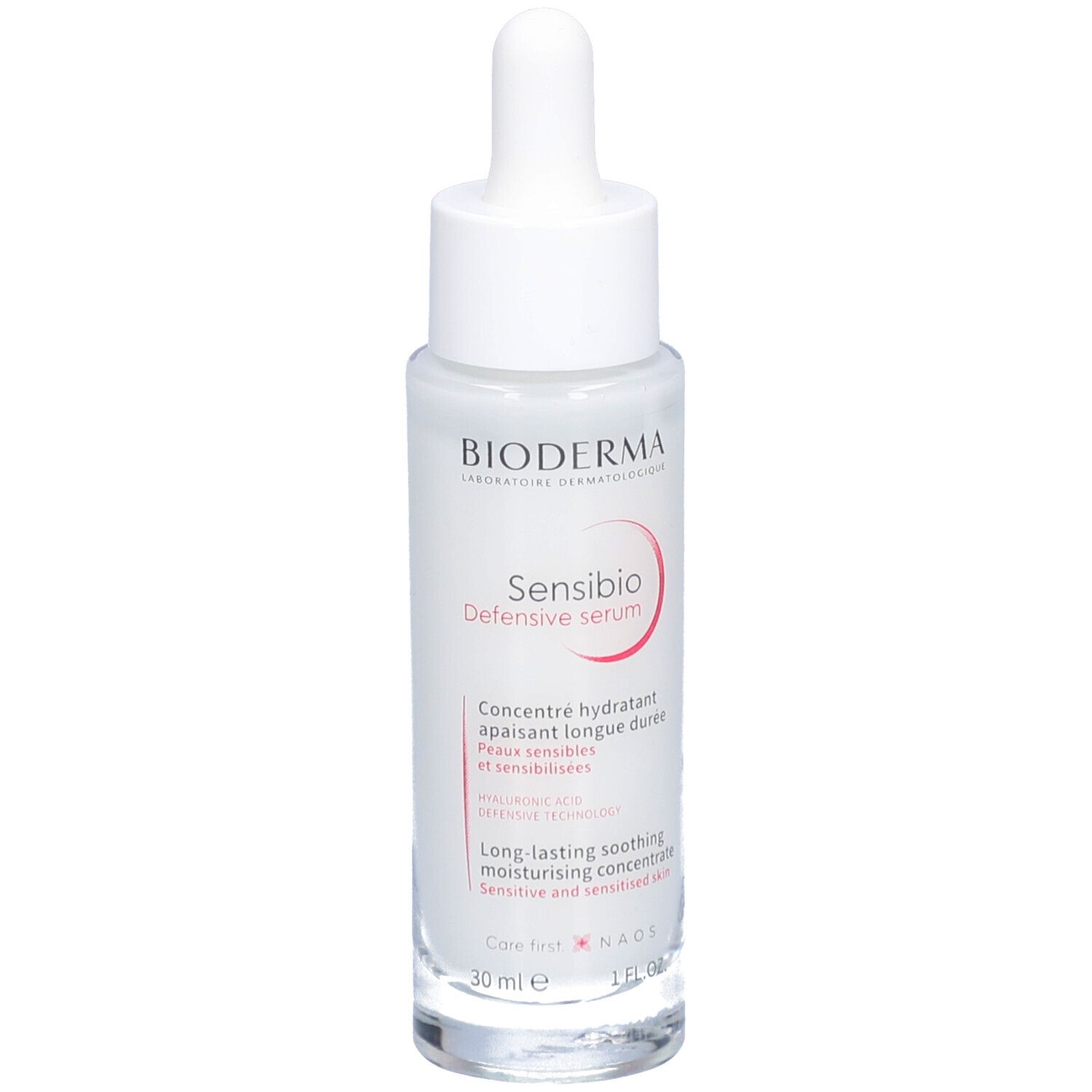 BIODERMA Sensibio Defensive serum. Flacon en verre blanc avec pipette. Inscription rouge Sensibio. Texte en français et anglais.