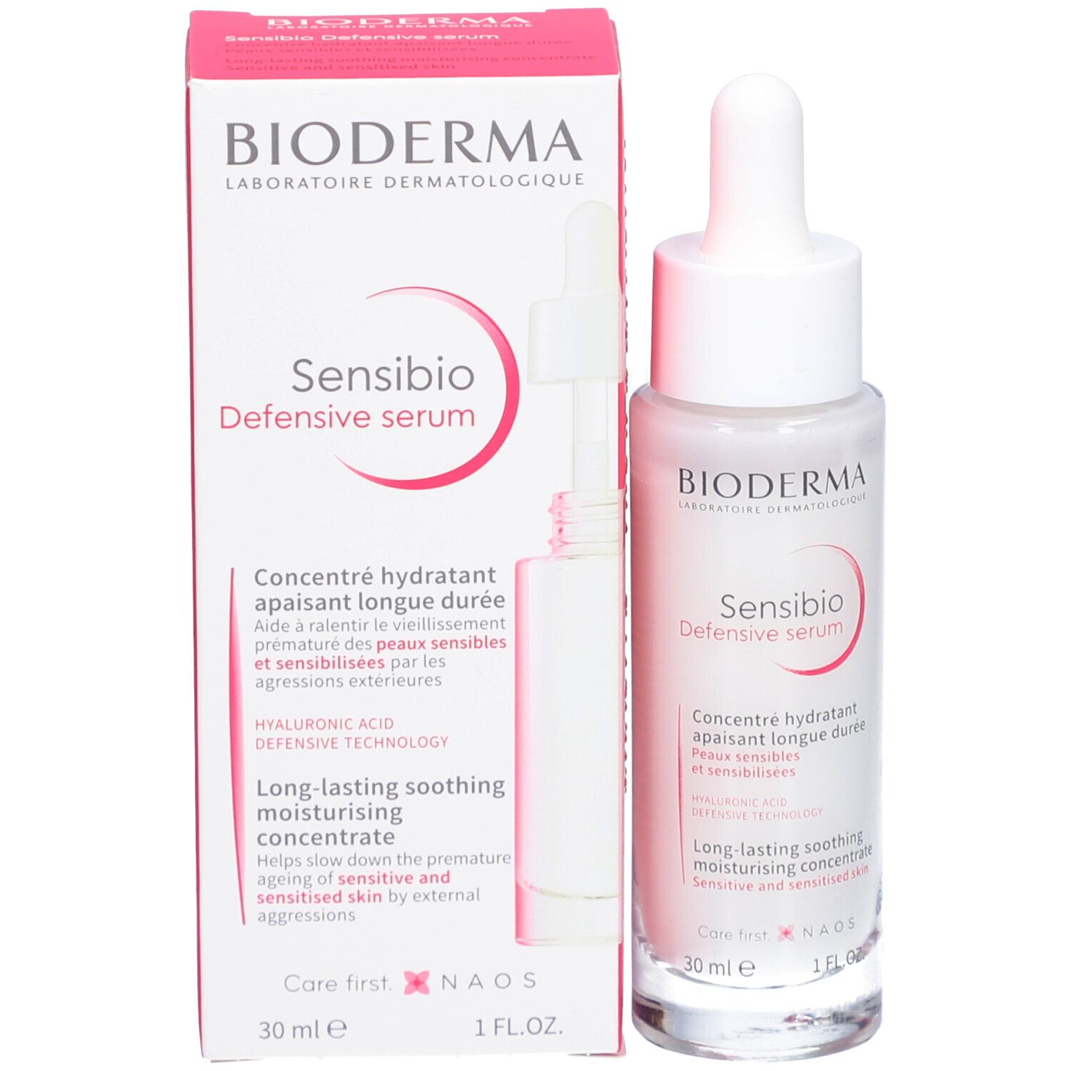 BIODERMA Sensibio Defensive serum et emballage. Flacon blanc avec pipette. Emballage rose et blanc.