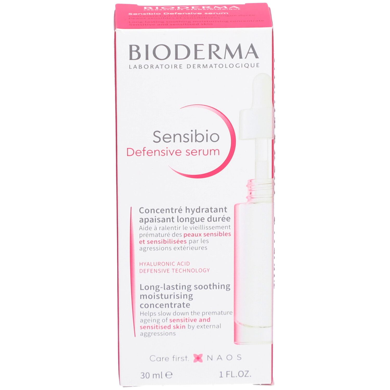BIODERMA Sensibio Defensive serum et emballage. Flacon blanc avec pipette. Emballage rose et blanc.