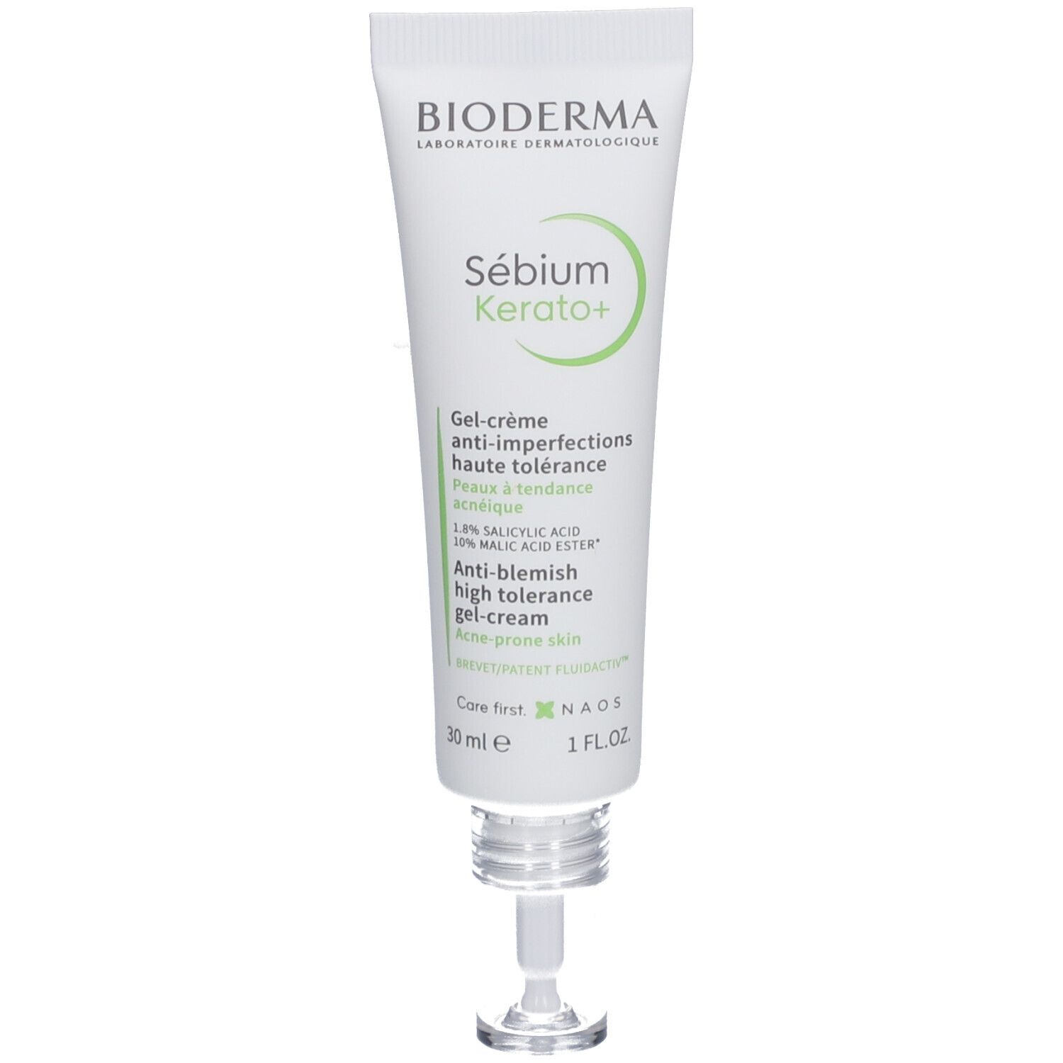 Tube mit BIODERMA Sébium Kerato+ Gel-Creme. Weiße Tube mit grüner Schrift. Produktname und Inhaltsstoffe.