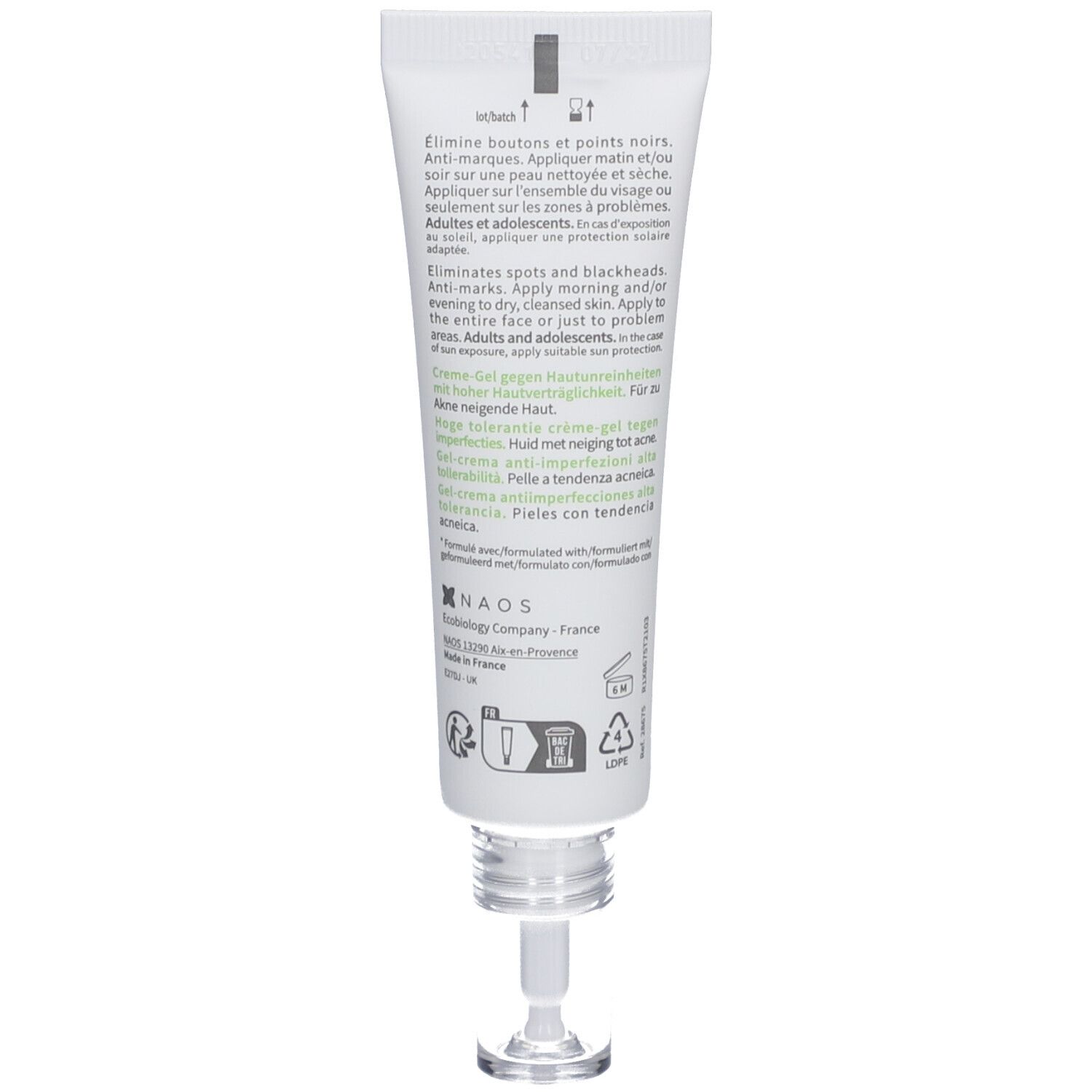 Rückseite der Tube BIODERMA Sébium Kerato+. Text mit Anweisungen und Inhaltsstoffen. Weiße Tube mit schwarzer Schrift.