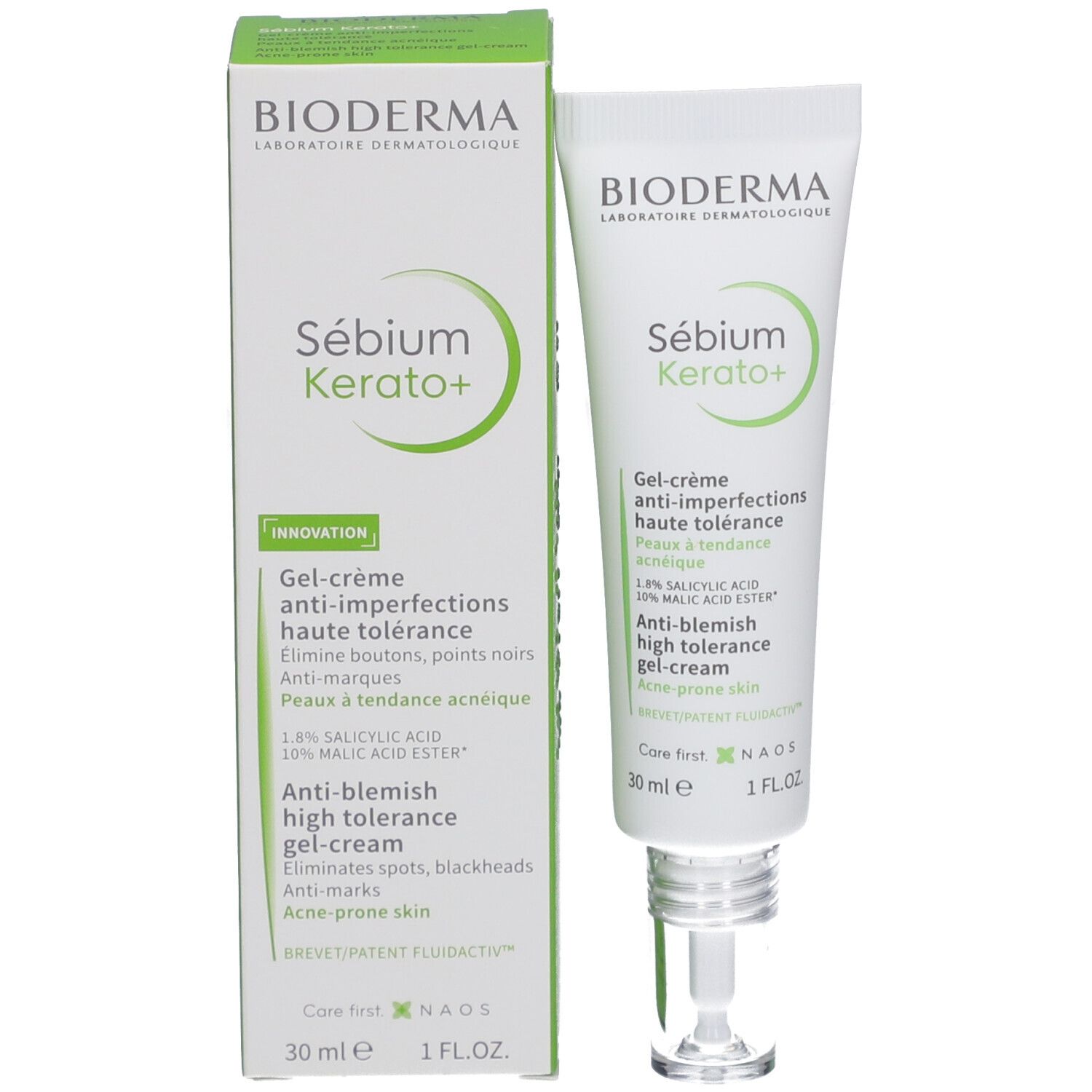 BIODERMA Sébium Kerato+ Gel-Creme mit Verpackung. Tube und Schachtel. Produktname und Details aufgedruckt.