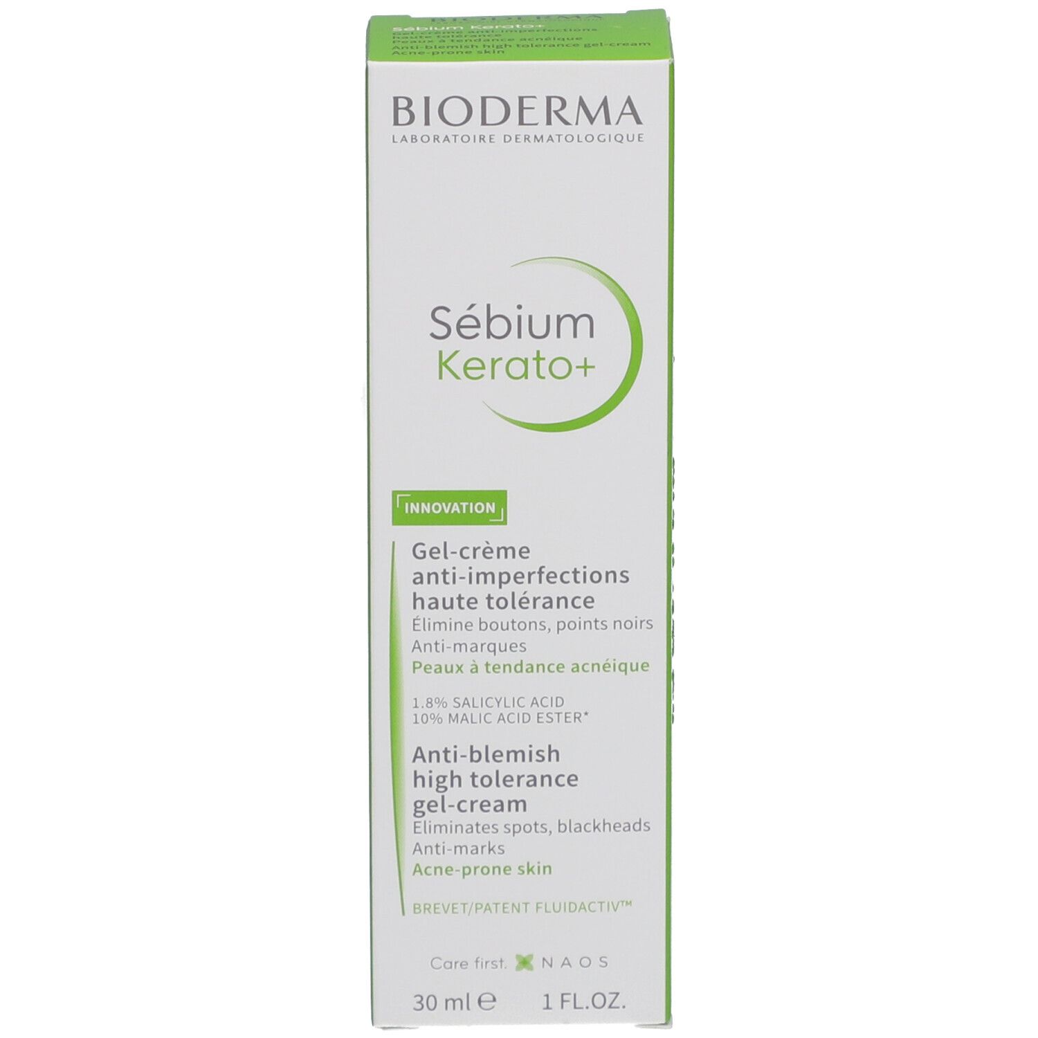 Verpackung von BIODERMA Sébium Kerato+ Gel-Creme. Grüne Schachtel mit Produktinformationen und Logo.