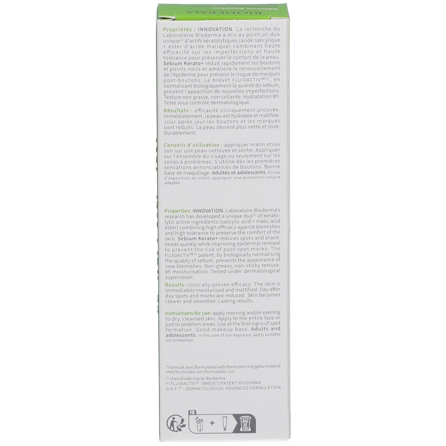 Seite der Verpackung BIODERMA Sébium Kerato+. Text mit Produktinformationen. Grüne Schachtel mit weißer Schrift.