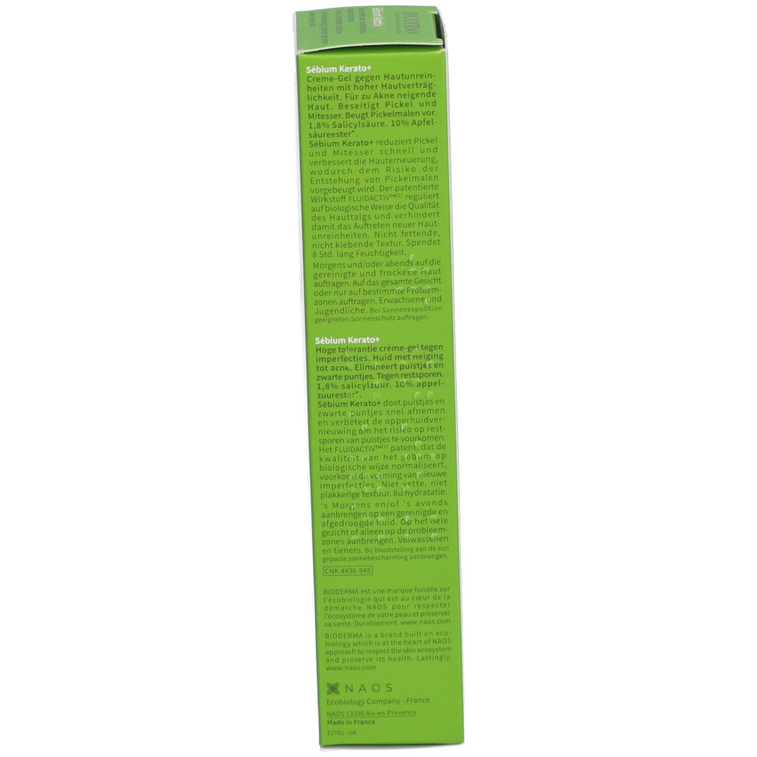 Seite der Verpackung BIODERMA Sébium Kerato+. Text mit Produktinformationen. Grüne Schachtel mit weißer Schrift.