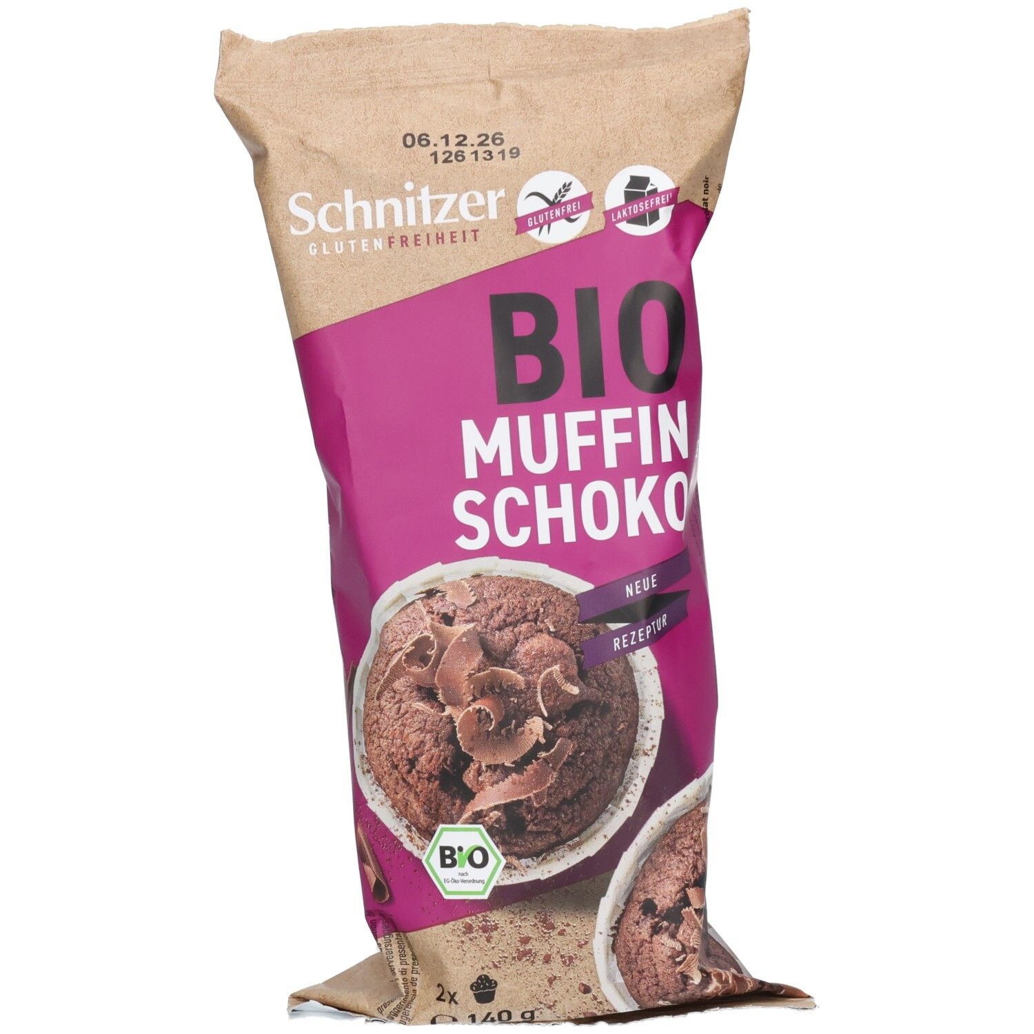 Paquet de muffins bio au chocolat Schnitzer, sans gluten. Contient 2 muffins.