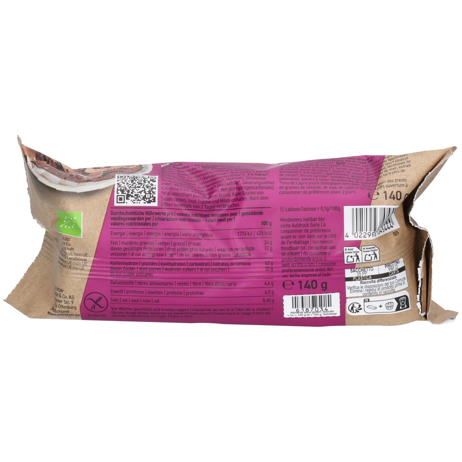 Arrière d'un paquet de muffins bio au chocolat Schnitzer, sans gluten. Informations nutritionnelles visibles.