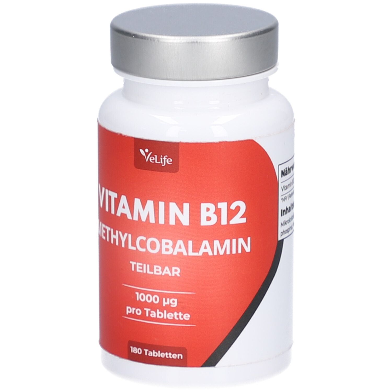 Weiße Flasche mit rotem Etikett. Aufschrift: Vitamin B12 Methylcobalamin, 1000 µg pro Tablette, 180 Tabletten. Silberner Deckel.