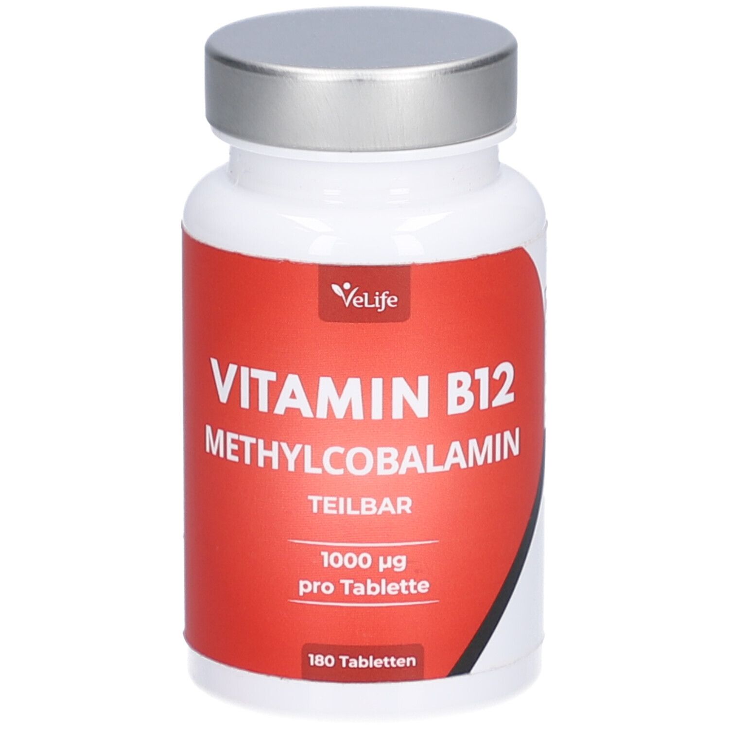 Weiße Flasche mit rotem Etikett. Aufschrift: Vitamin B12 Methylcobalamin, 1000 µg pro Tablette, 180 Tabletten. Silberner Deckel.