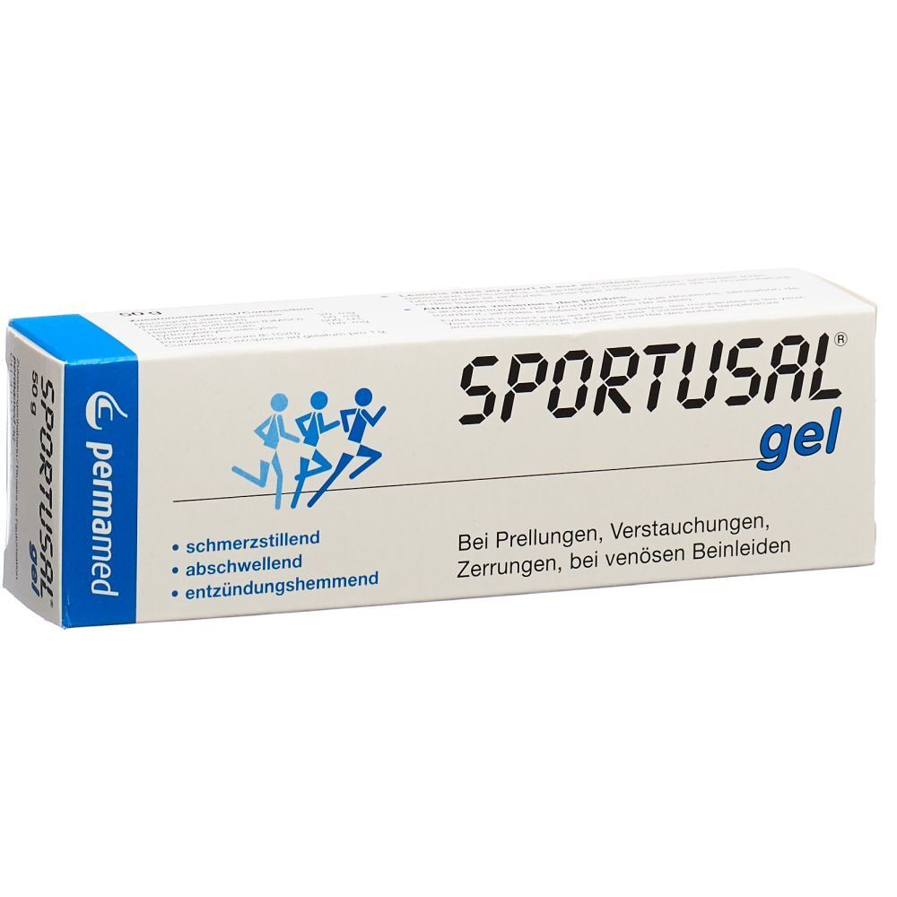 Weiß-blaue Tube mit Aufschrift SPORTUSAL gel. Enthält Informationen zu Inhaltsstoffen und Anwendungsgebieten. Logo von permamed.