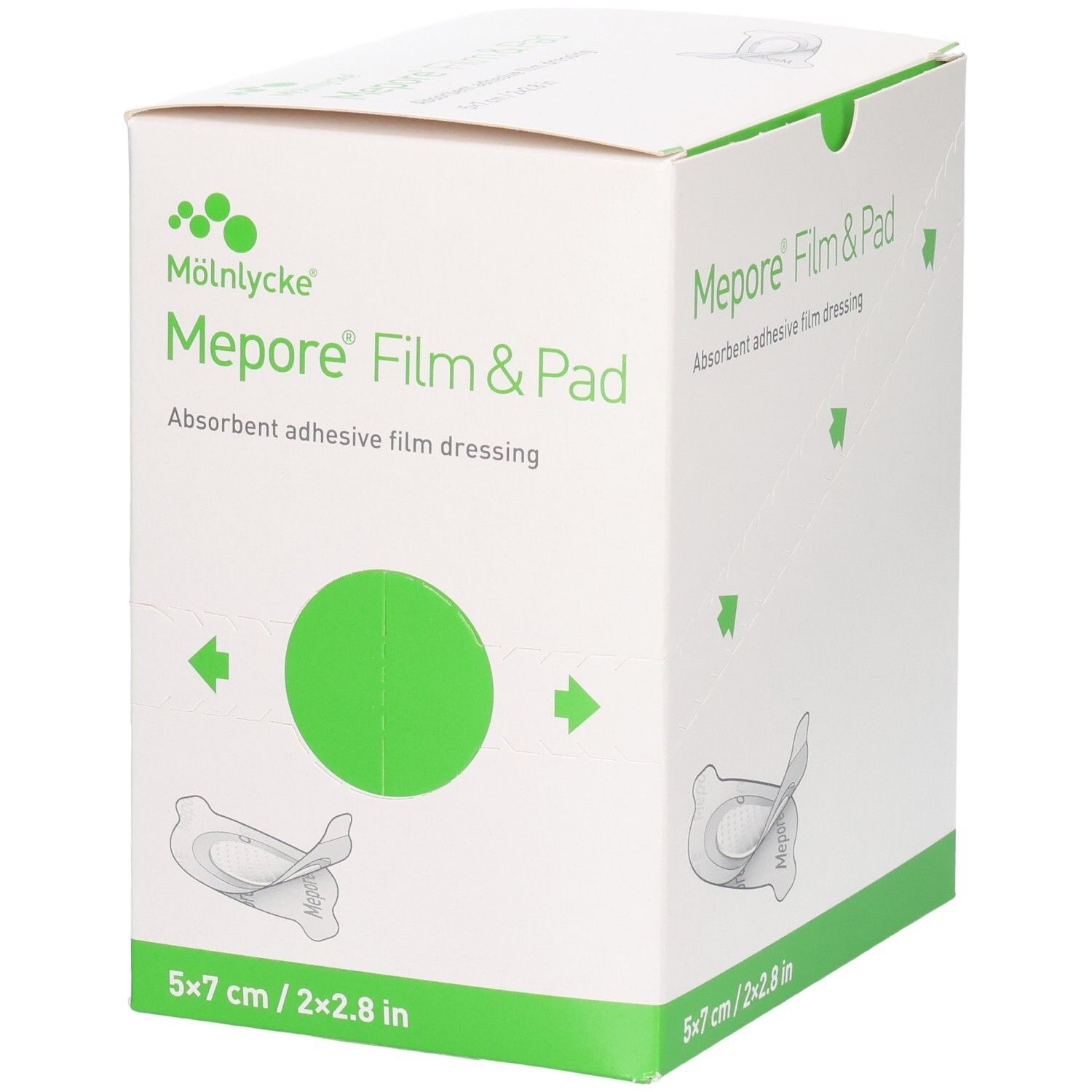 Mölnlycke Mepore Film & Pad: Saugende Klebefilm-Wundauflage, 5x7 cm, mit runder Markierung.