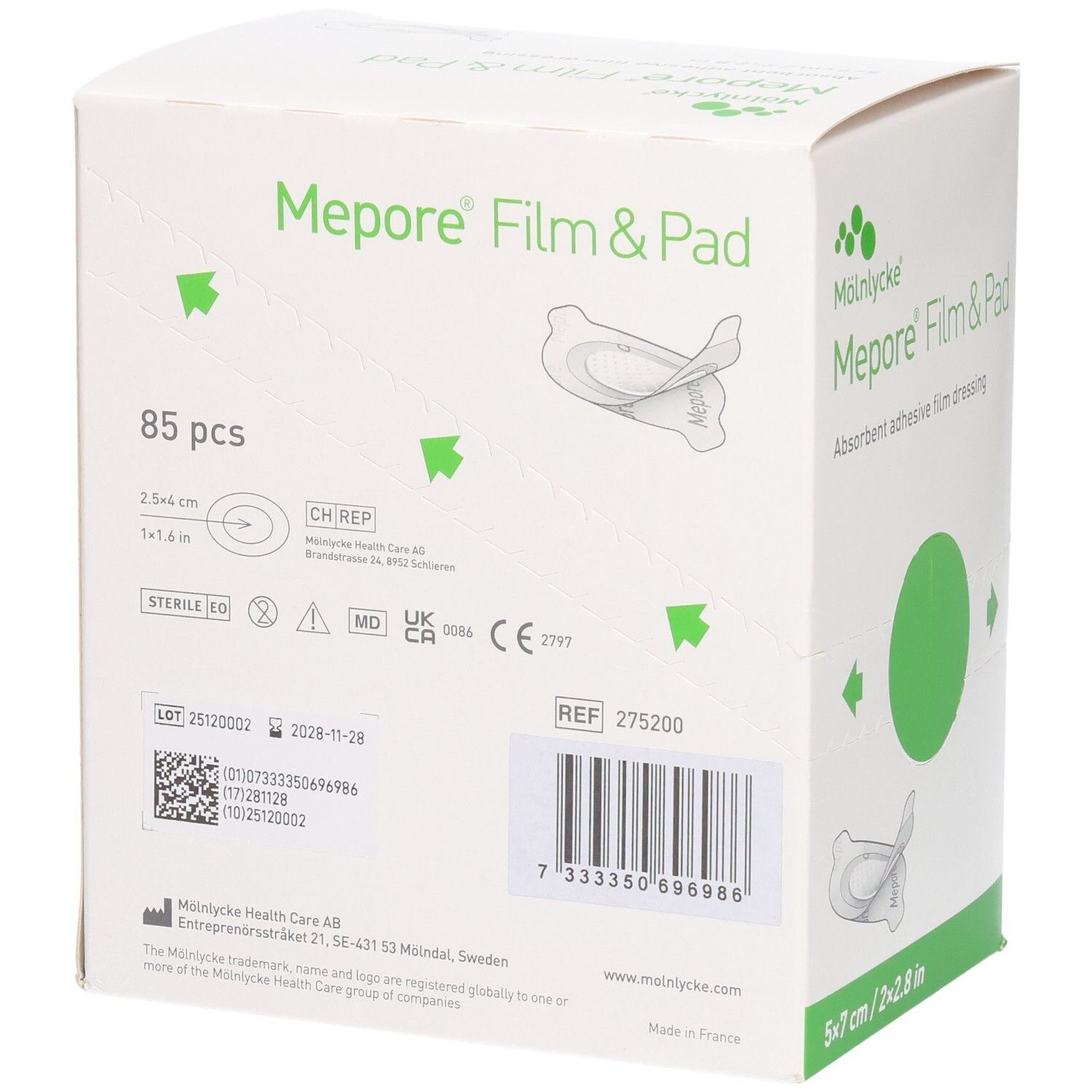 Mölnlycke Mepore Film & Pad: 85 Stück, 5x7 cm. Steril, CE-Kennzeichnung, REF 275200.