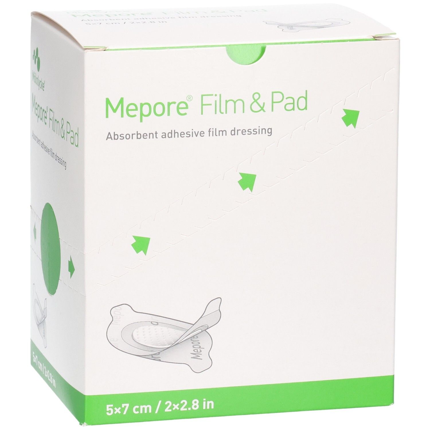 Mölnlycke Mepore Film & Pad: Saugende Klebefilm-Wundauflage, 5x7 cm, mit runder Markierung.