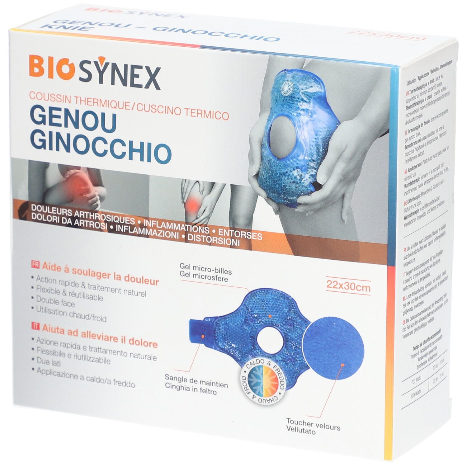 Verpackung mit BIOSYNEX Knie-Wärmekissen. Produktabbildung, Produktname, Größenangabe 22x30cm, Illustrationen.