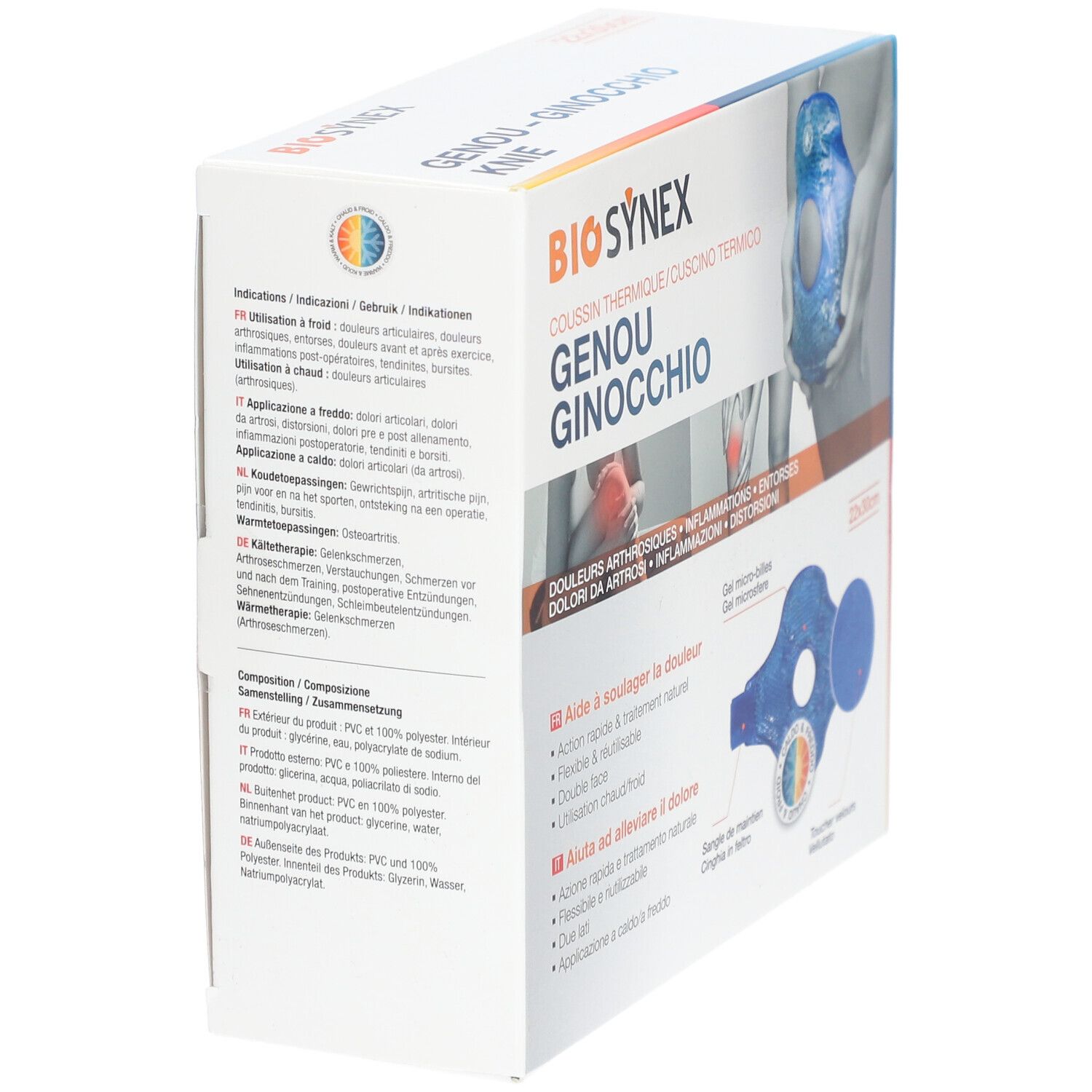 Seitenansicht der BIOSYNEX Knie-Wärmekissen-Verpackung. Produktname, Anwendungs- und Inhaltsstoffinformationen.