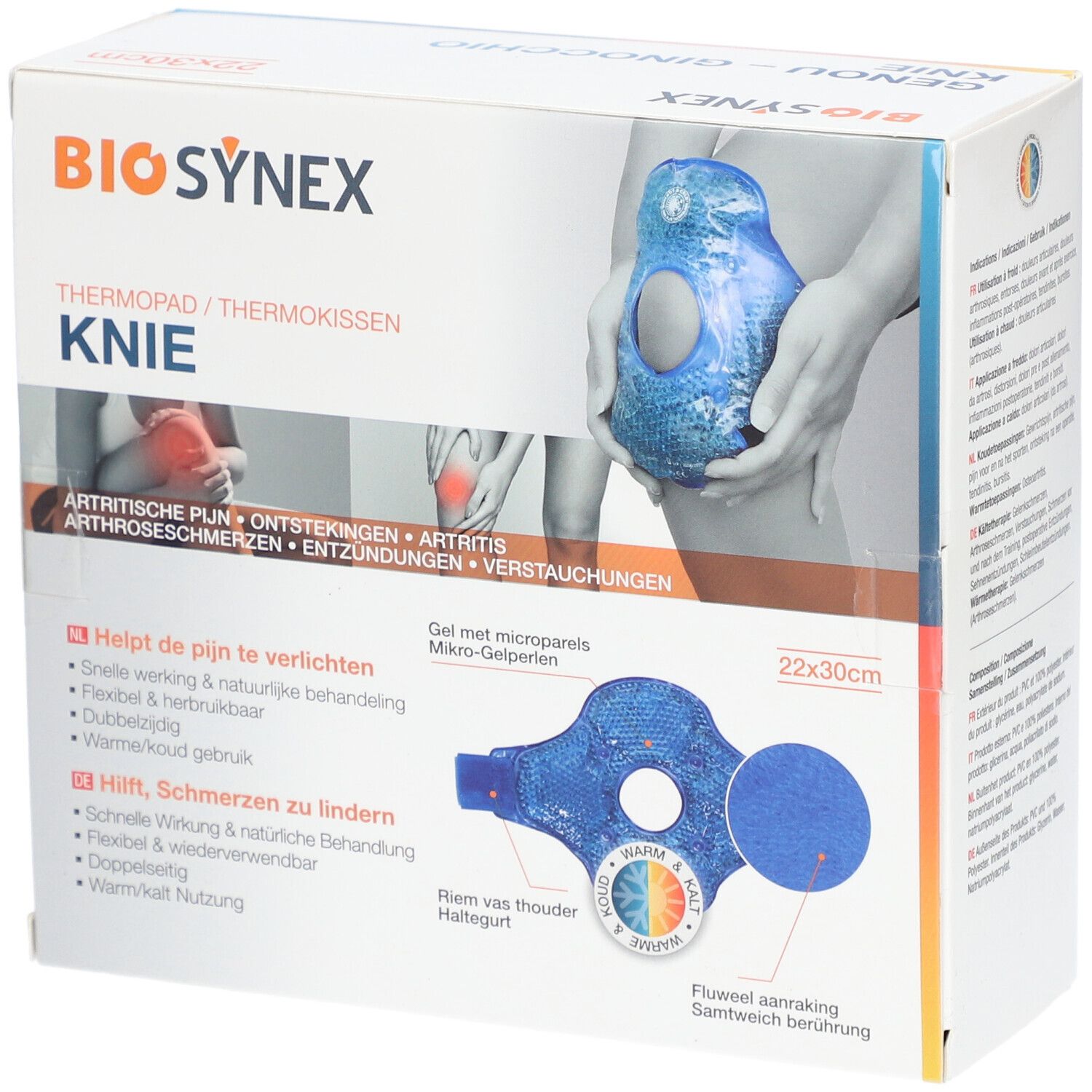 Verpackung mit BIOSYNEX Knie-Thermokissen. Produktabbildung, Produktname, Größenangabe 22x30cm, Illustrationen.