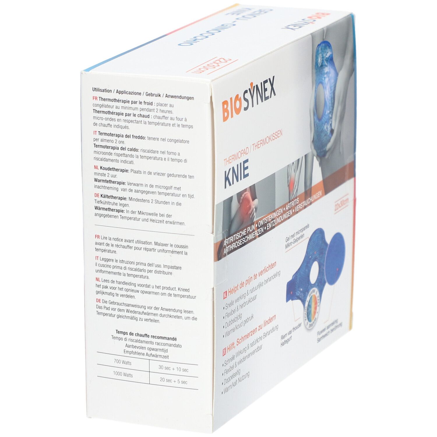 Seitenansicht der BIOSYNEX Knie-Thermokissen-Verpackung. Produktname, Anwendungs- und Gebrauchsanweisungen.